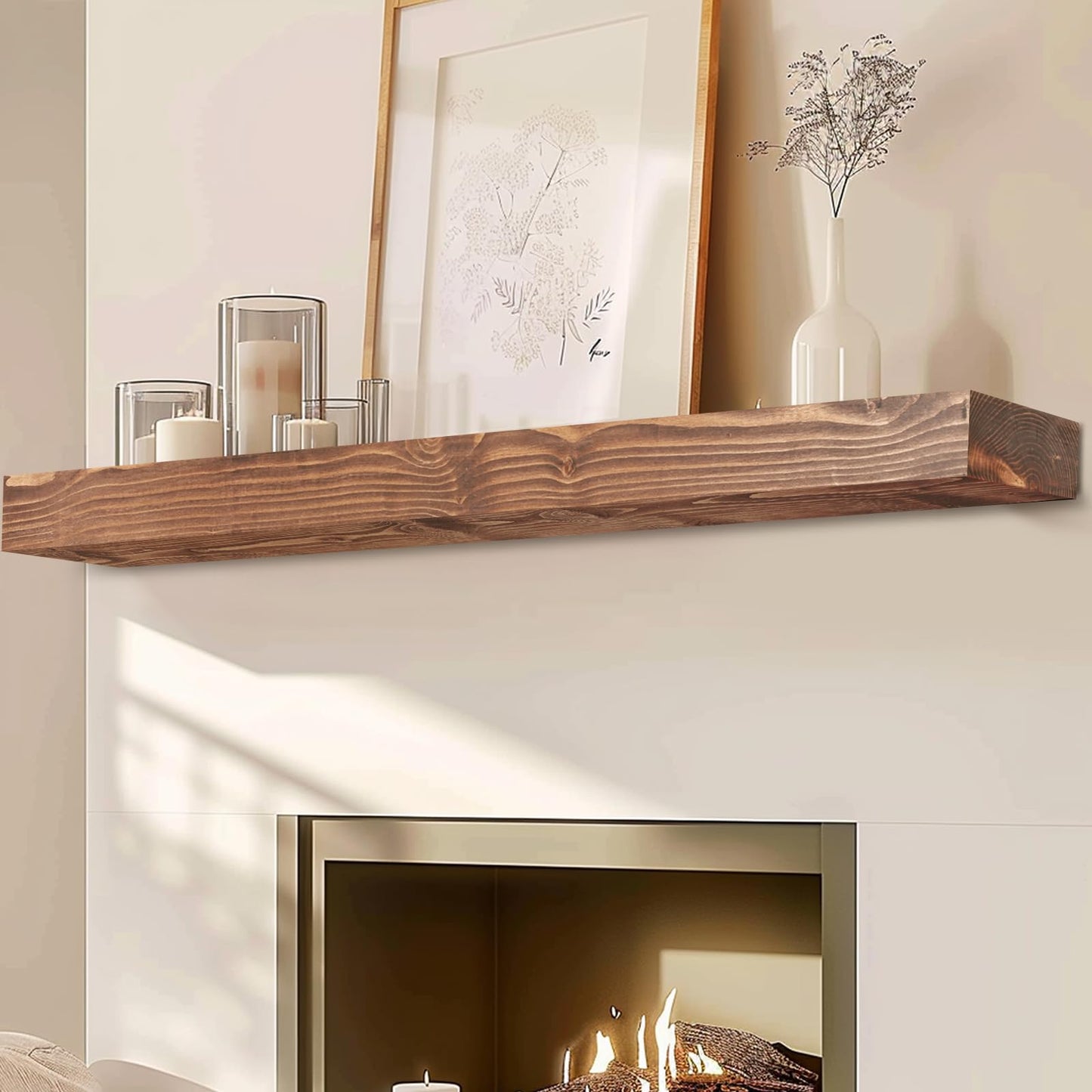 YLYHSST 72" Fireplace Mantel, 3'' Thick Handmade Rustic Solid Wood - Wall Long Floating Shelf with Invisible Metal Bracket, Brown