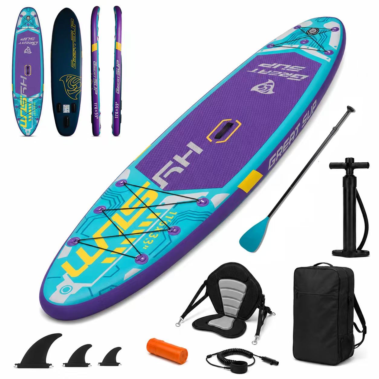 11'6'' Inflatable Stand Up Paddle Board for Adults, Non Slip Deck Blow Up Paddle Board for Fishing Yoga, Paddleboards with SUP Accessories, Fins, Leash, Air Pump, Seat, Backpack