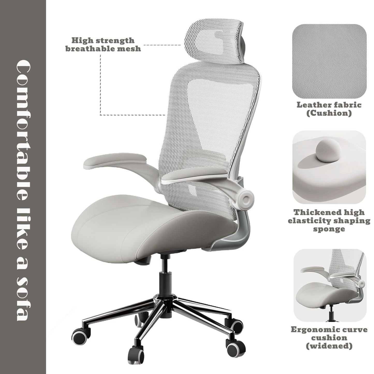 VOTRENIX Grey Ergonomic Home Office Desk Chair, Premium Thickened Leather Curved seat with Breathable mesh Back, 3D headrest and Adjustable Lumbar Support, Ideal Chair for Office or Gaming, Gray