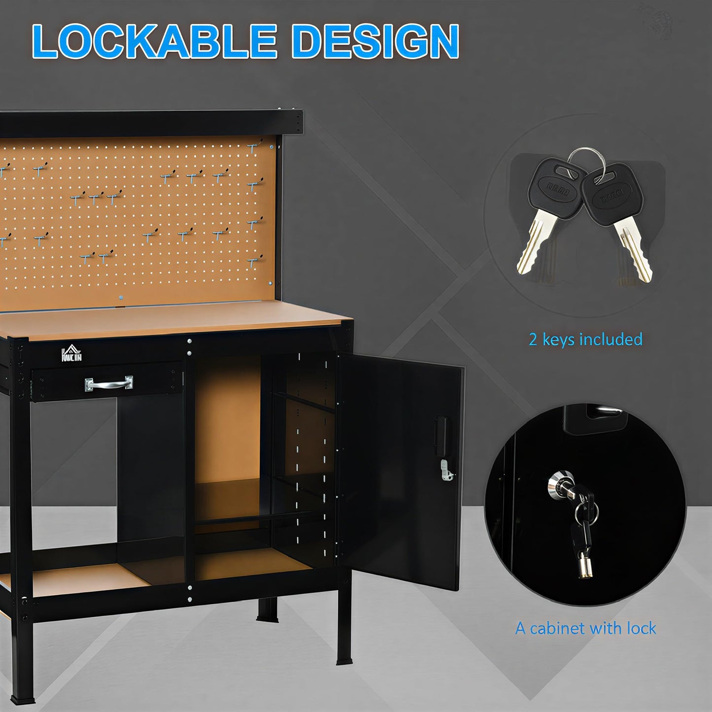 HOMCOM Multipurpose Workbench, Workshop Tool Table with Storage Cabinet with Lock and Keys, Slide Drawer, Peg Board