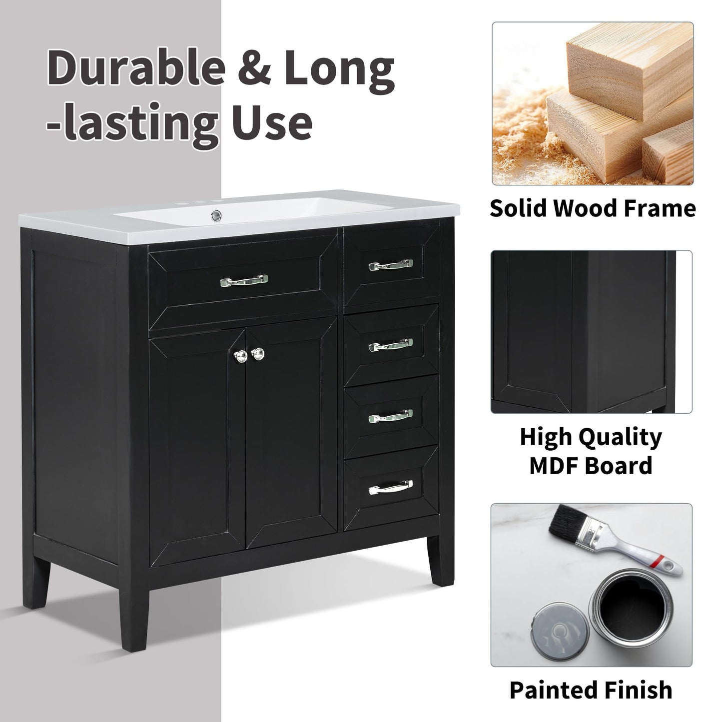 KTATK 36" Bathroom Vanity Without Sink,Cabinet Base Only,Solid Wood Cabinets Basin Vessel Set with 3 Drawers,Water-Proof,Stain Proof,Ample Enclosed Storage Spaces,Black