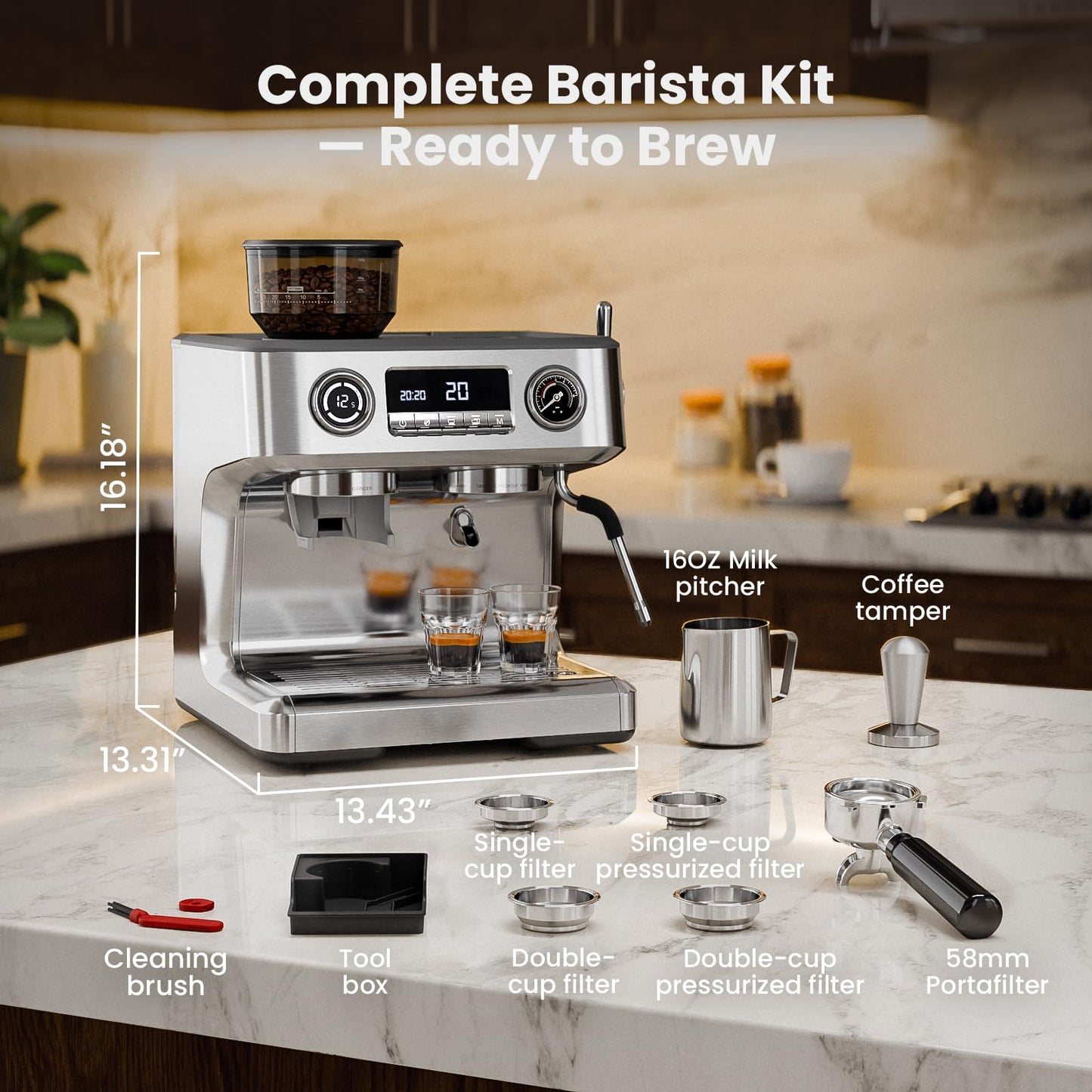 Kismile Dual Boiler Espresso Machine with Grinder, 20 Bar Espresso Maker with Milk Steamer & Hot Water, Dual LED Display, Pressure Gauge, Burr Grinder, coffee Machine for Home&Office, Stainless Steel