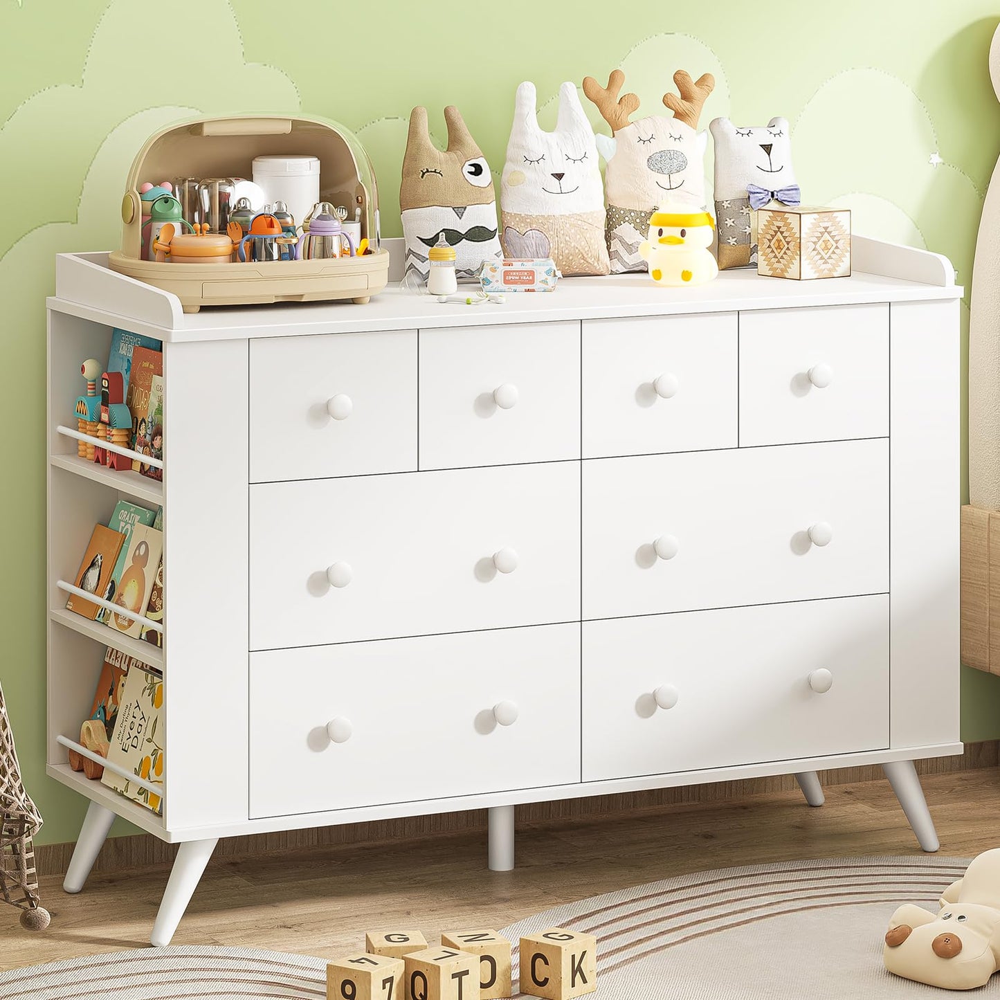 Vabches Kids Dresser Cabinet with 8 Drawers, Changing Table for Nursery, White Chest of Drawers with Open Shelving, Baby Dresser, Kids Bedroom Furniture, Nightstand for Child' s Room, White