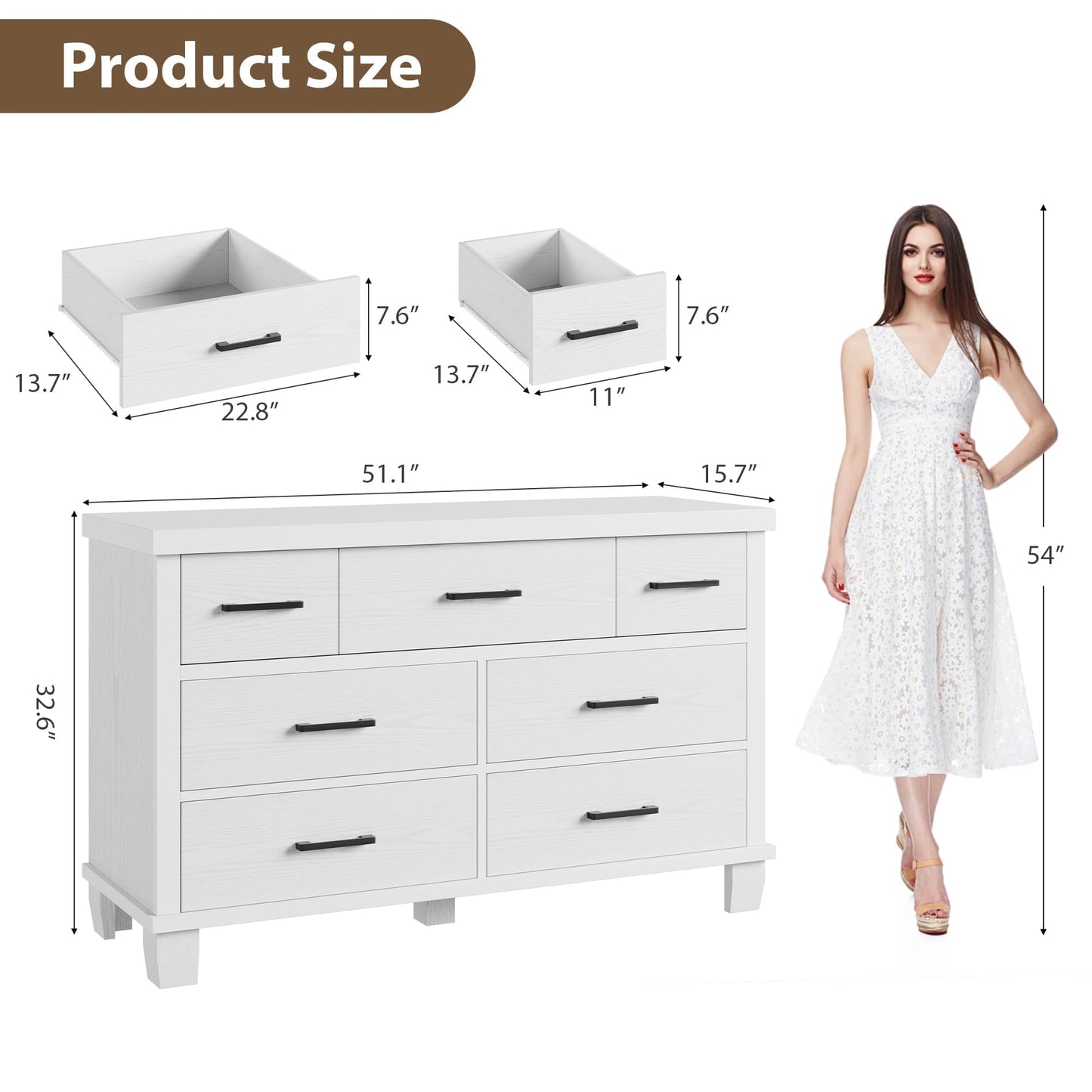 IDEALHOUSE Dresser for Bedroom with 7 Drawers, White Storage Chest of Drawers with Metal Handle, Wooden Dresser Organizer for Living Room,Closet,Entryway,Nursery