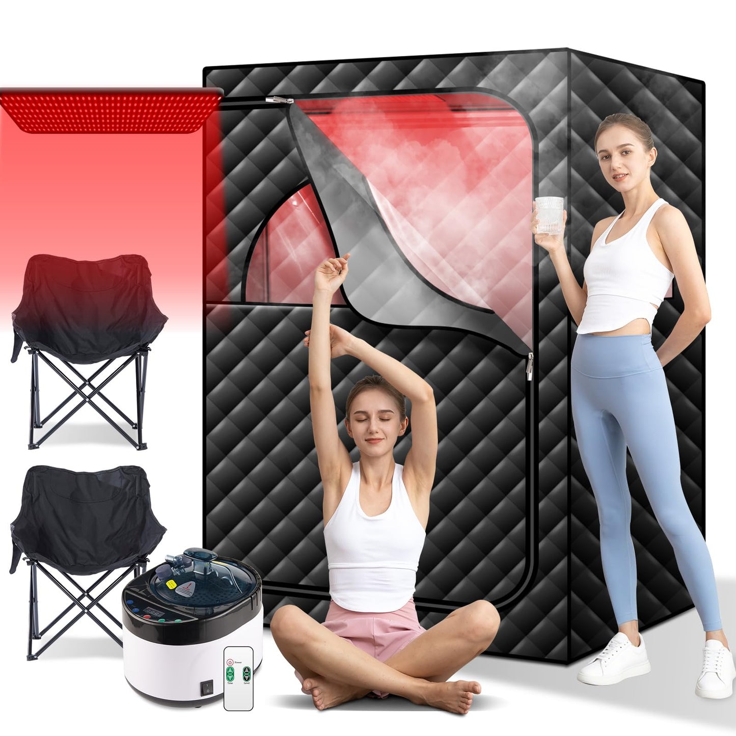 amocane 2 Person Portable Steam Sauna, 660nm Red Light Therapy Sauna with Remote Control, Full Body Infrared Saunas Tent with 4L Steamer & 2 Chairs Full Size Sauna for Home Spa