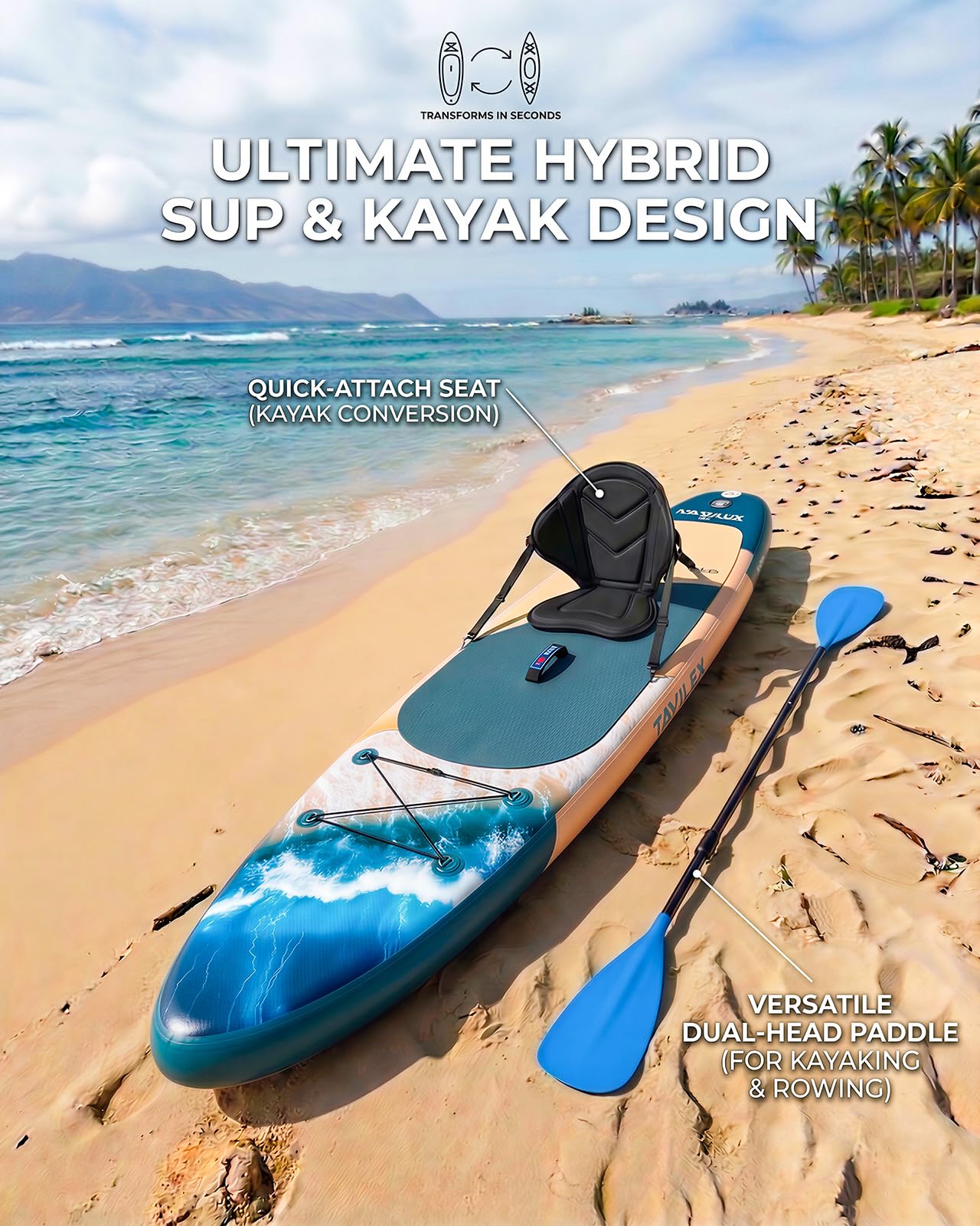 Tavilex Inflatable Stand Up Paddle Board with Seat, 11' x 33" x 6" Ultra-Wide 2-in-1 SUP Board for Adults & Youth, Stable Blow Up Paddleboard Kit with Dual-Blade Paddle (Blue Wave)