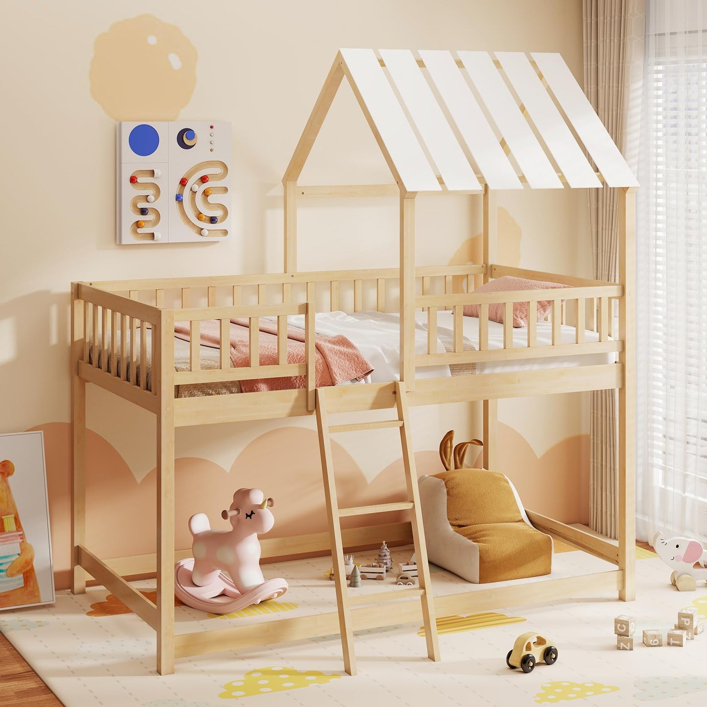 Giantex Twin Over Twin House Bunk Bed, Low Loft Bed Frame with Roof, Wood Bunk Bed with Ladder & Full-Length Guardrails, Twin Floor Bed for Kids Teens Boys Girls, No Box Spring Needed (Natural)
