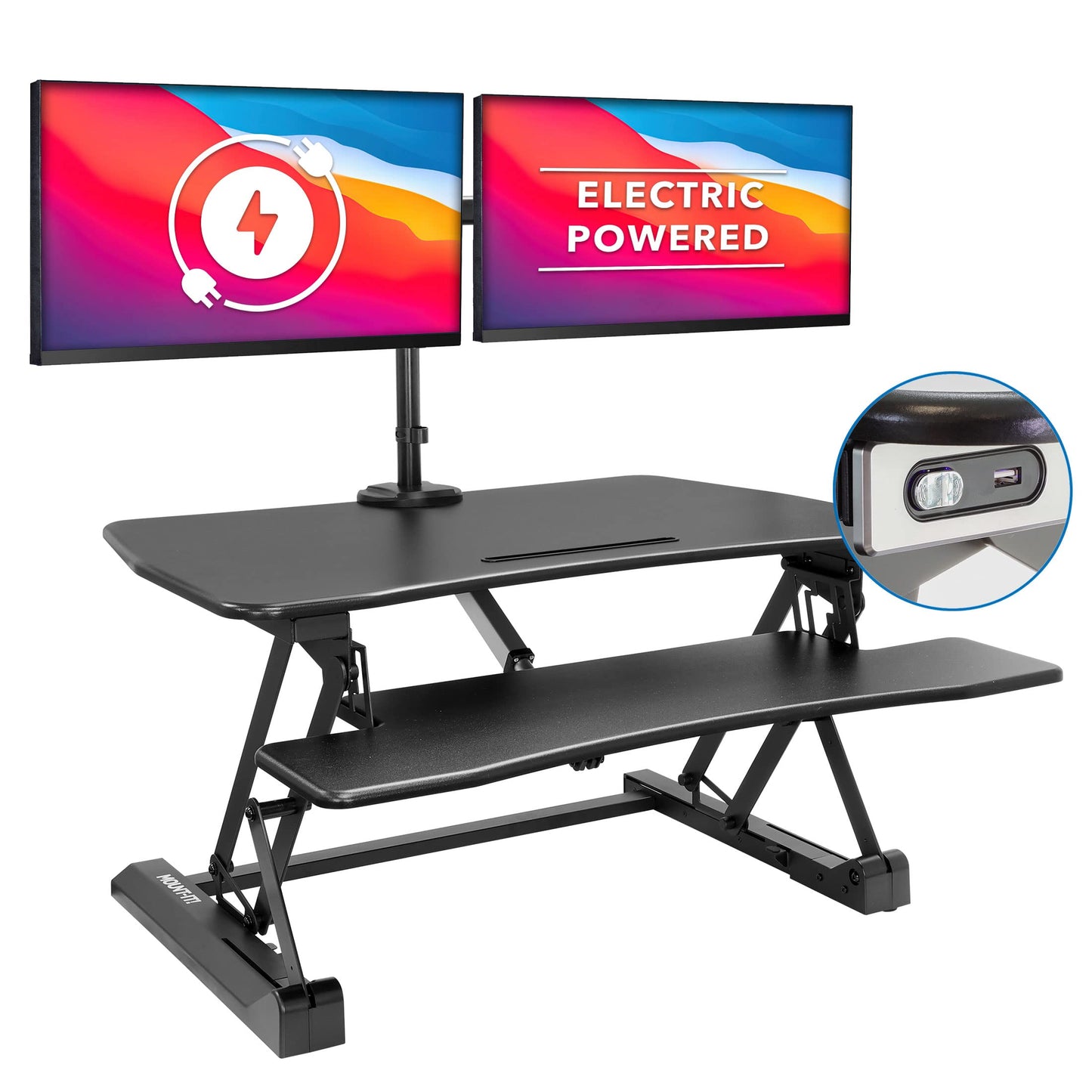 Mount-It! Electric Standing Desk Converter with Dual Monitor Arms for 2 Screens (Max 32"), Large 35.4" Wide Desktop, Motorized Stand Up Desk Riser, Keyboard Tray, USB, Black Stand up Desk Convertor