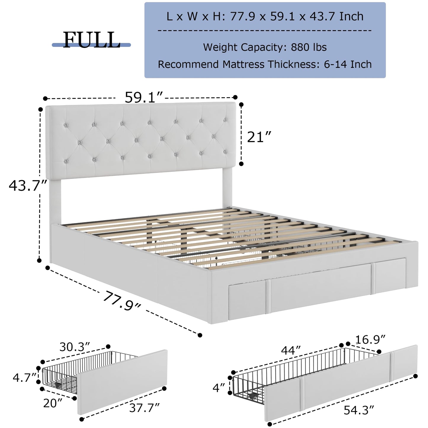VECELO Full Size Bed Frame with 3 Storage Drawers, Leather Upholstered with Diamond Tufted Headboard, Solid Wood Slat Support & Steel Framework, PU & White