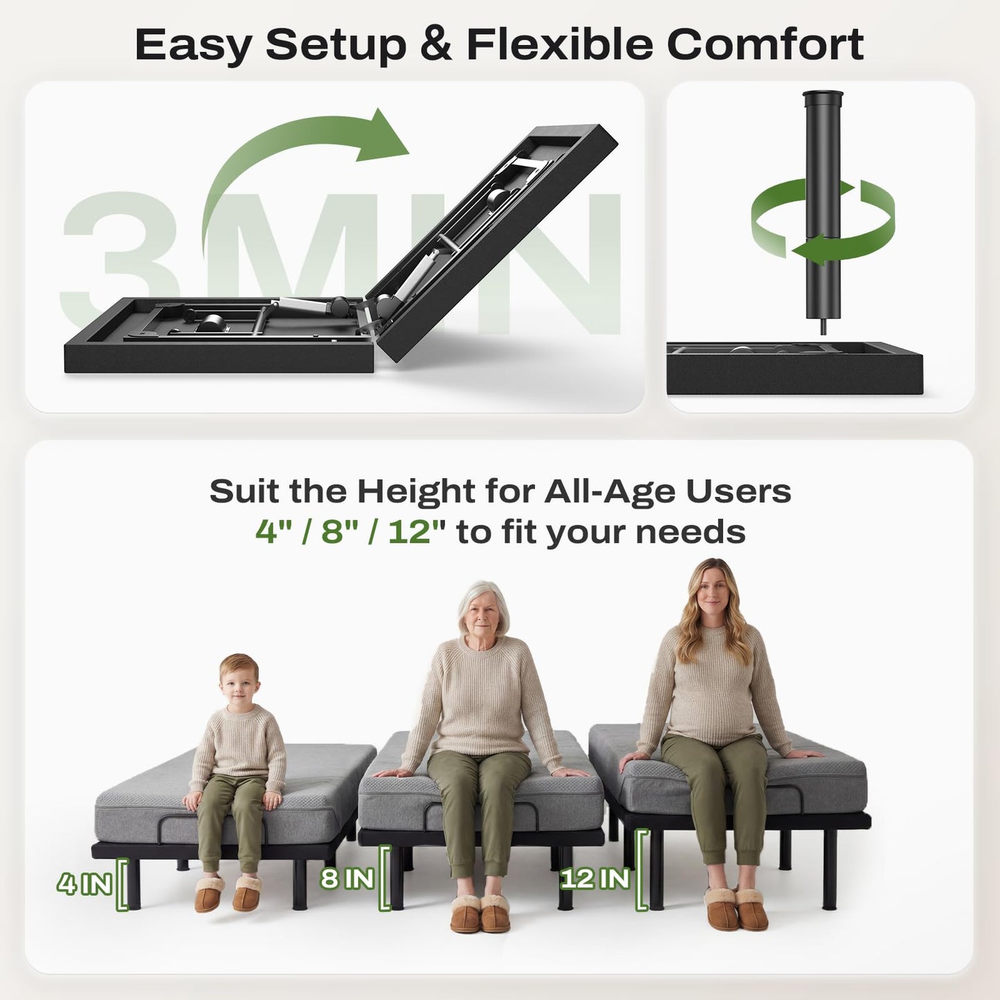 DOMIA Full Adjustable Bed Frame with Massage, Electric Bed Base with Head & Foot Incline, USB Ports & LED Night Light, Side Pocket, Wireless Remote, 3 Height Options, Zero Gravity, Easy Assembly
