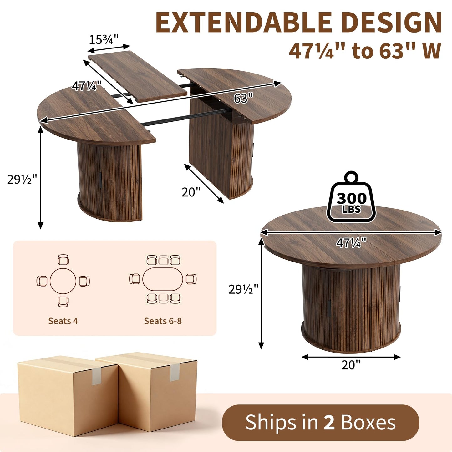 Garvee Extendable Round Dining Table with 2-Tier Storage Shelf & Drawer, 47.5 to 63 Inch Expandable Kitchen Table for 4-8 PM, Modern Farmhouse Fluted Pedestal Oval Circle Dinner Table, Walnut