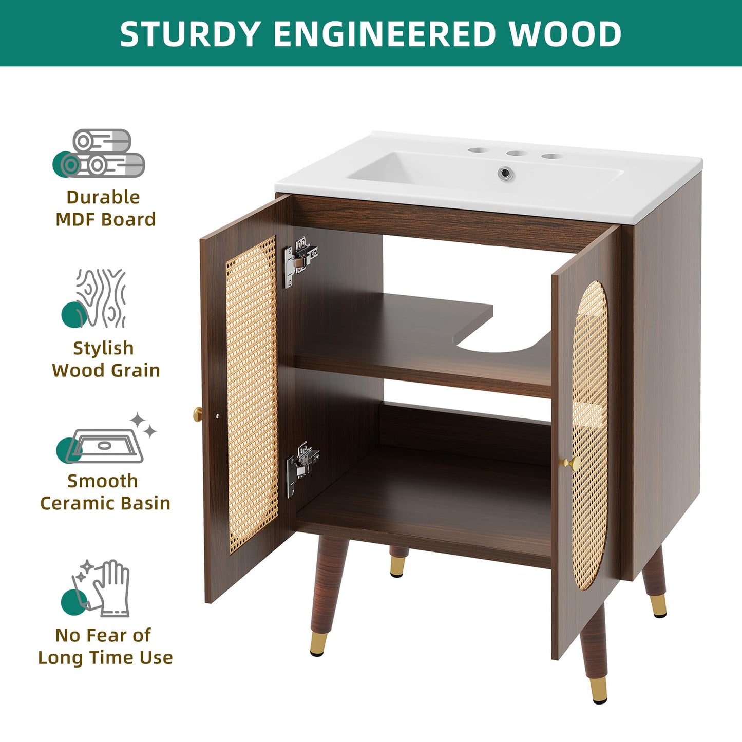 DWVO 24 Inch Rattan Vanity with Sink, Small Freestanding Bathroom Vanity Cabinet, Boho Style with 2 Large Soft-Closing Doors & Four-Sided Water Barrier Strip, Walnut