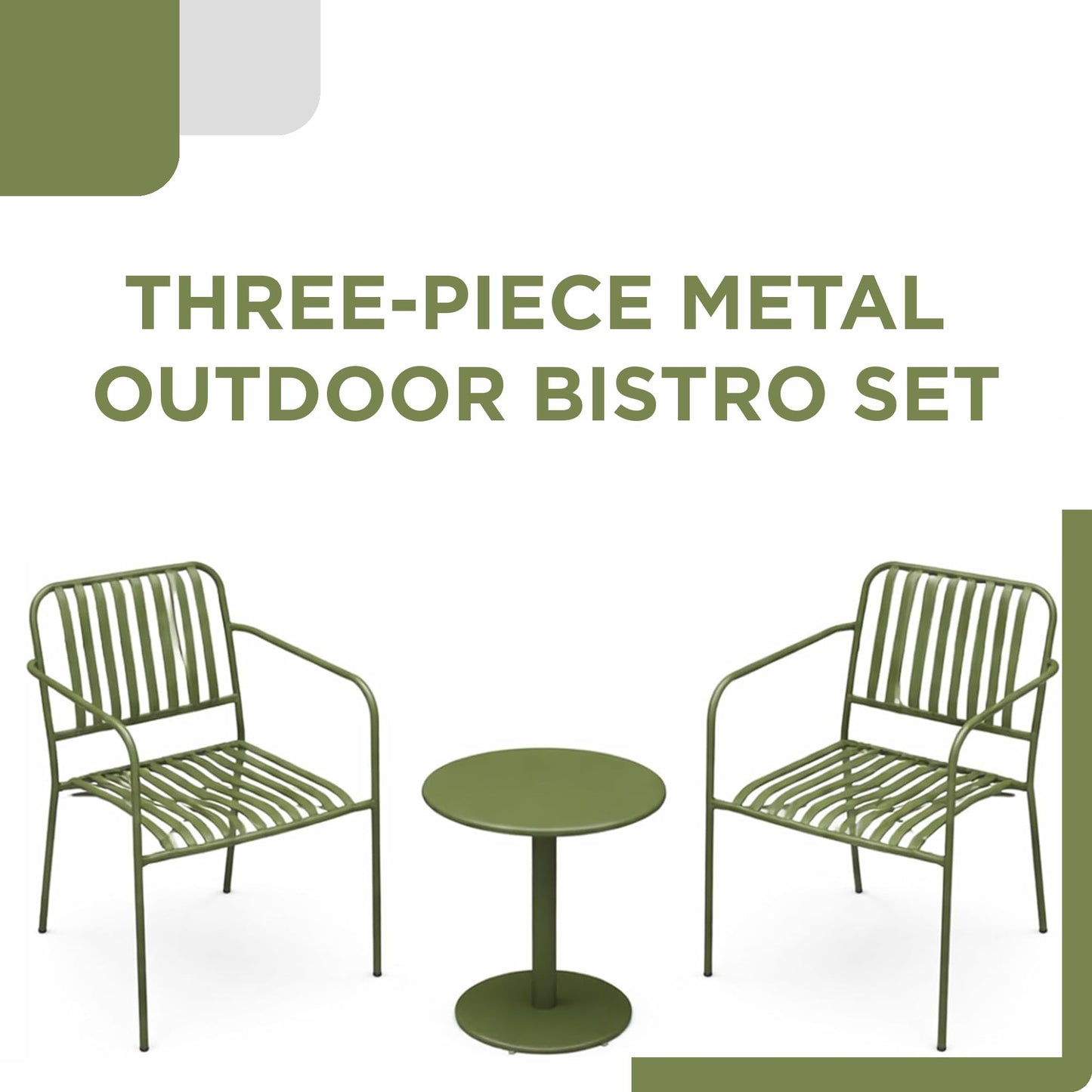 Alpine Corporation VTFAM152A Metal Outdoor Bistro Set, 3-Piece Patio Conversation Set with Round Side Table & 2 Chairs, Weather-Resistant Steel Frame, Compact Balcony Furniture, Green