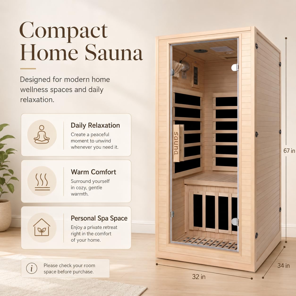 1 Person Far Infrared Sauna for Home, Canadian Hemlock Wood Indoor Sauna Room, 110V 1200W 5 Heating Panels, 149°F Max, 7-Color Light, Bluetooth Audio, Personal Relaxation Cabin, 32 x 34 x 67 in