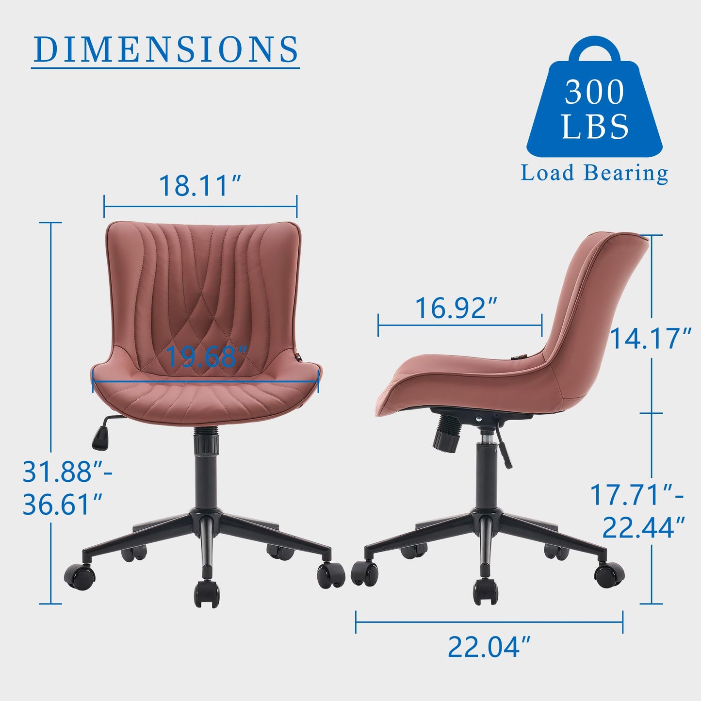 YOUNIKE Office Chair, Armless Desk Chair with Wheels, Adjustable Swivel Home Office Computer Task Chairs, Modern Faux Leather Upholstered Vanity Chair with Back, Dusty Rose