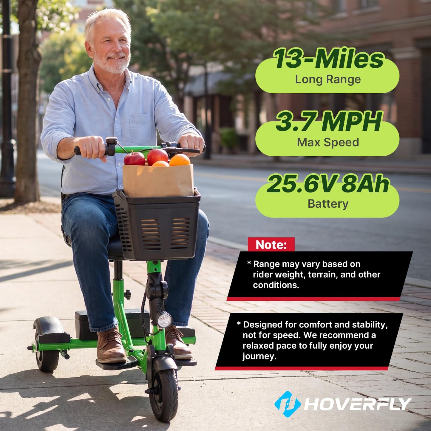 Hoverfly T3 Folding Powered Mobility Scooter for Seniors, Portable 3-Wheel E-Scooter with Seat, 13-Mile Range Safe LiFePO4 Battery, 264lbs Load&Solid 8" Tires, Fits in Car Trunks for Daily Rides Green