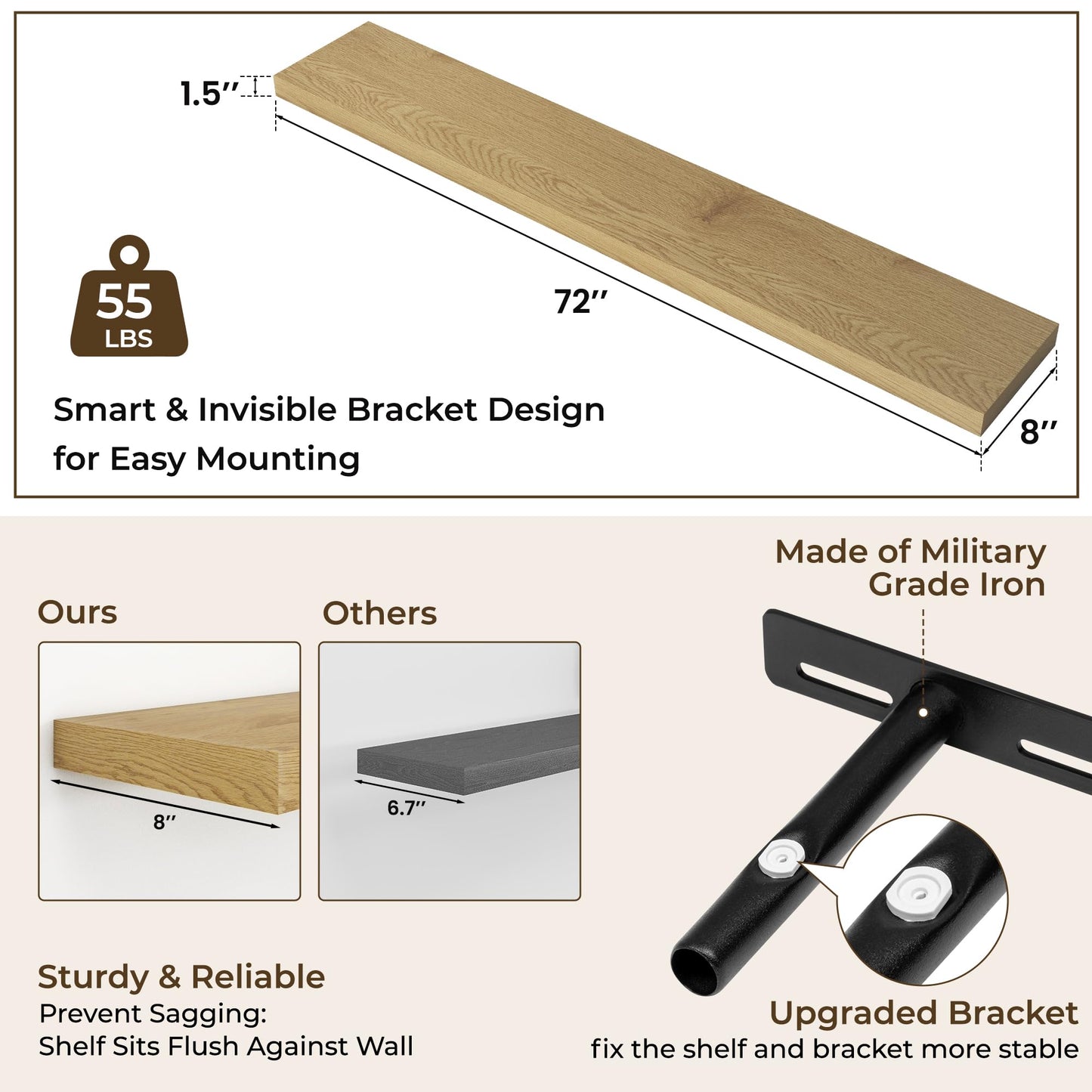 RICHFOCUS 72Inch Floating Shelves for Wall 2 Pack Shelves for Bedroom|Kitchen|Bathroom Wall Mounted Rustic Wood Floating Shelf with Invisible Brackets for Books|Storage|Decor, Oak