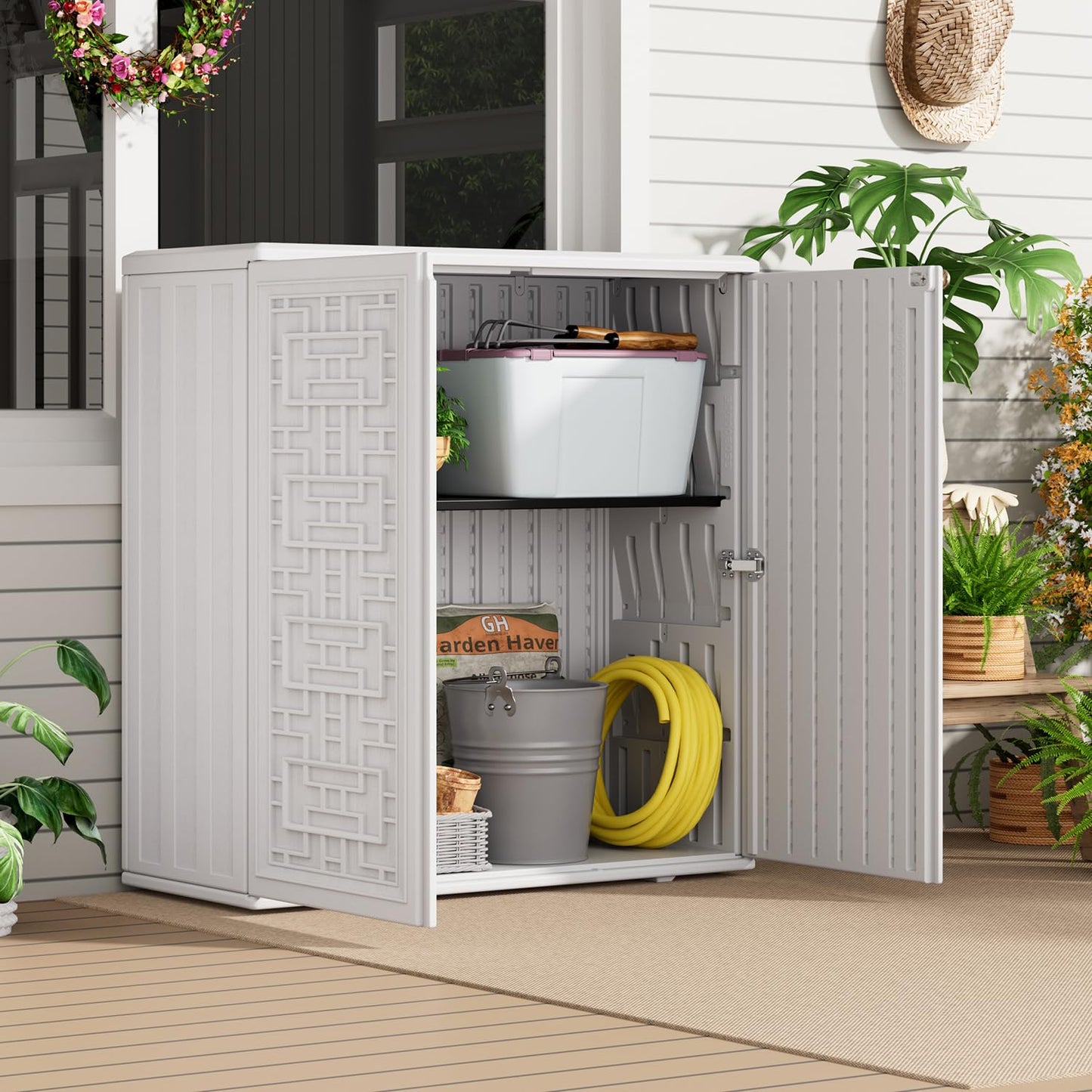 HOMSPARK Indoor/Outdoor Storage Cabinet with Doors and Shelf, 34”x15”x36” HDPE Plastic Storage Box Waterproof for Patio, Garden, Balcony, Multi-Purpose for Daily Tools, White