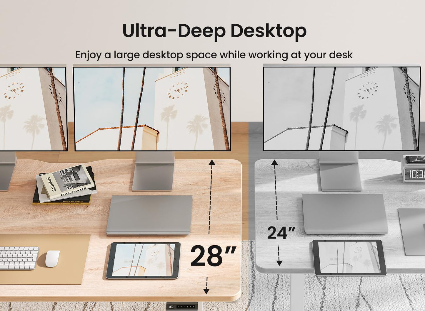 BANTI 63 × 28 Inches Standing Desk, Ergonomic, Electric Height Adjustable, Sit and Stand Up, Computer Desk with a Deeper Desktop, White Frame/Maple Top