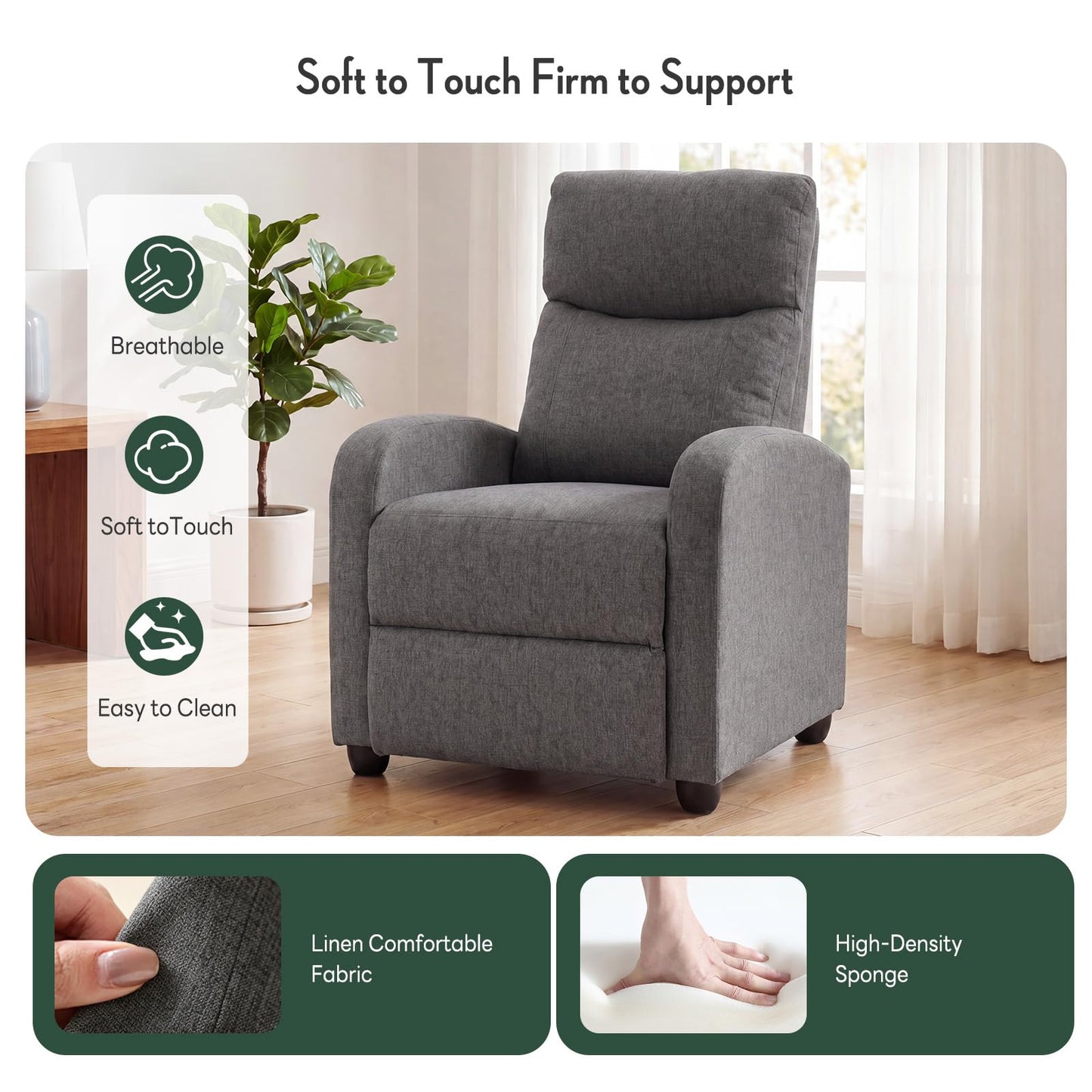 HAPPYMONT Recliner Chair, Recliner Sofa Fabric for Adults, Recliners Home Theater Seating with Lumbar Support, Reclining Sofa Chair for Living Room, Gray