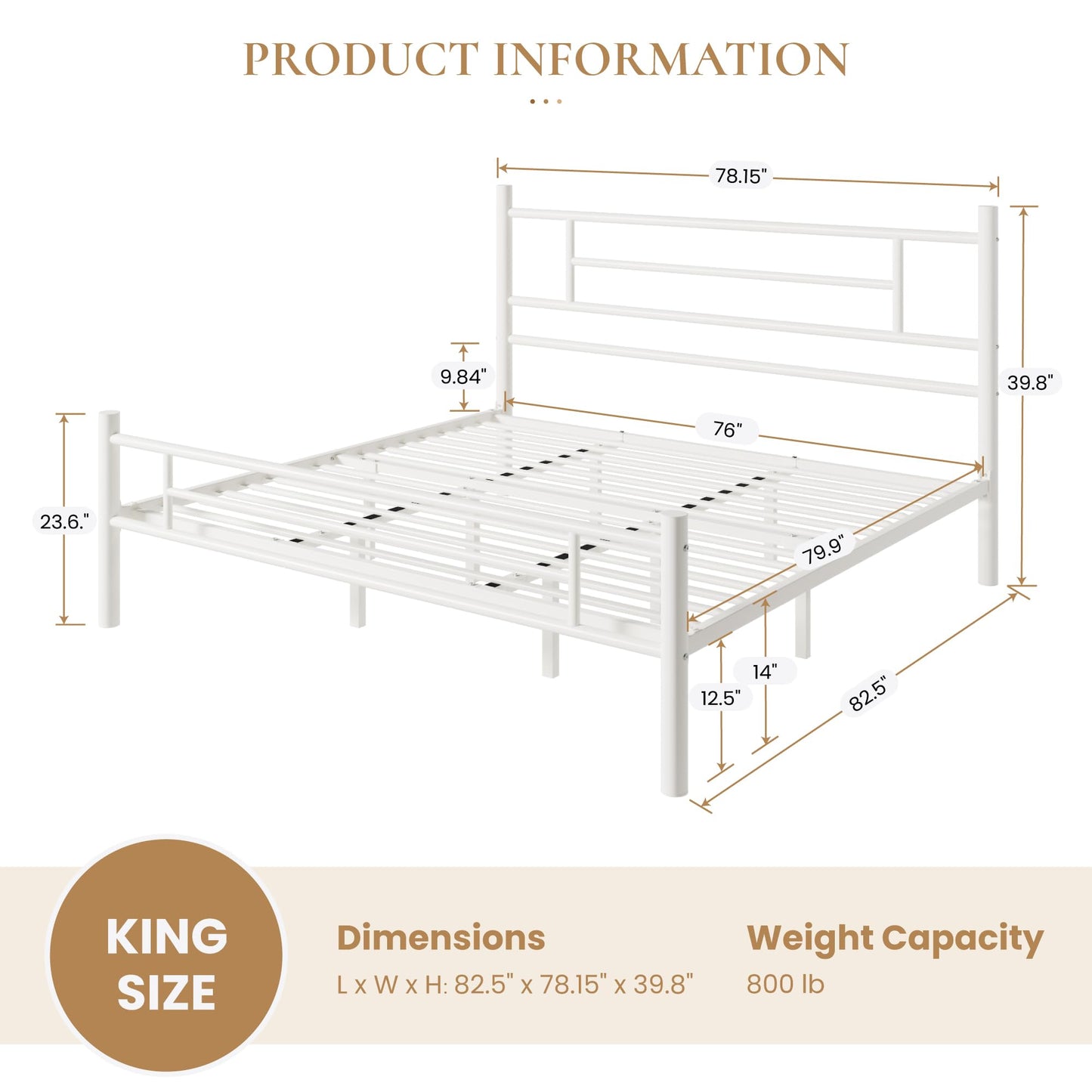 SHA CERLIN King Size Metal Platform Bed Frame with Modern Headboard and Footboard, Under Bed Storage Space, Noise Free, No Box Spring Needed,White,14 Inch