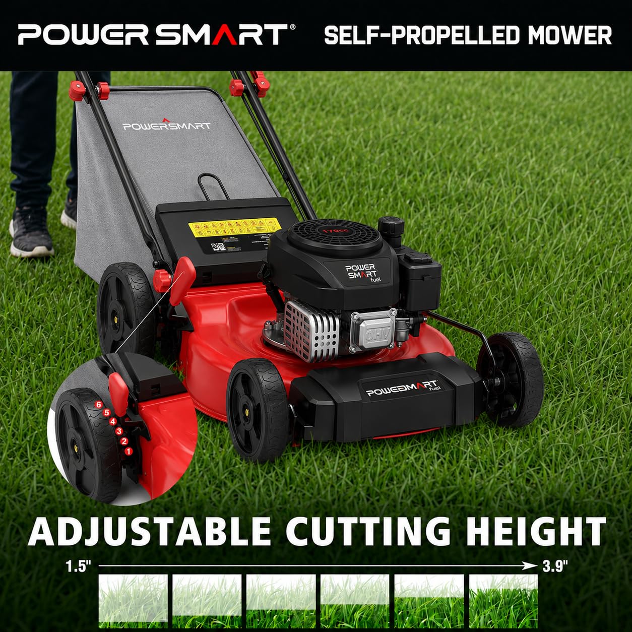 PowerSmart 21-Inch Gas Self-Propelled Lawn Mower, 170cc OHV Engine, Reinforced Steel Deck, 3-in-1 Bagging/Mulching/Rear Discharge, 6 Cutting Heights (1.5"–3.9"), 10" Rear Wheels, Foldable Handle