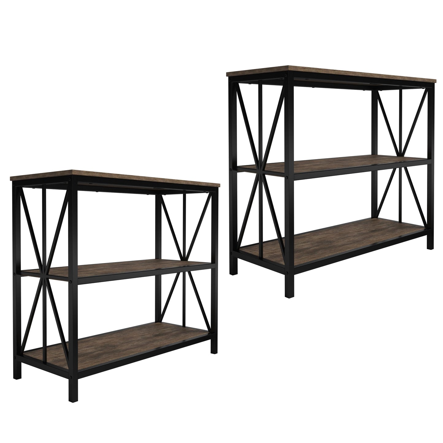 Lavish Home 3-Tier Industrial Bookshelf Set of 2 - Freestanding Open Bookcase for Home or Office Organization and Storage - Book Organizer (Brown Woodgrain)