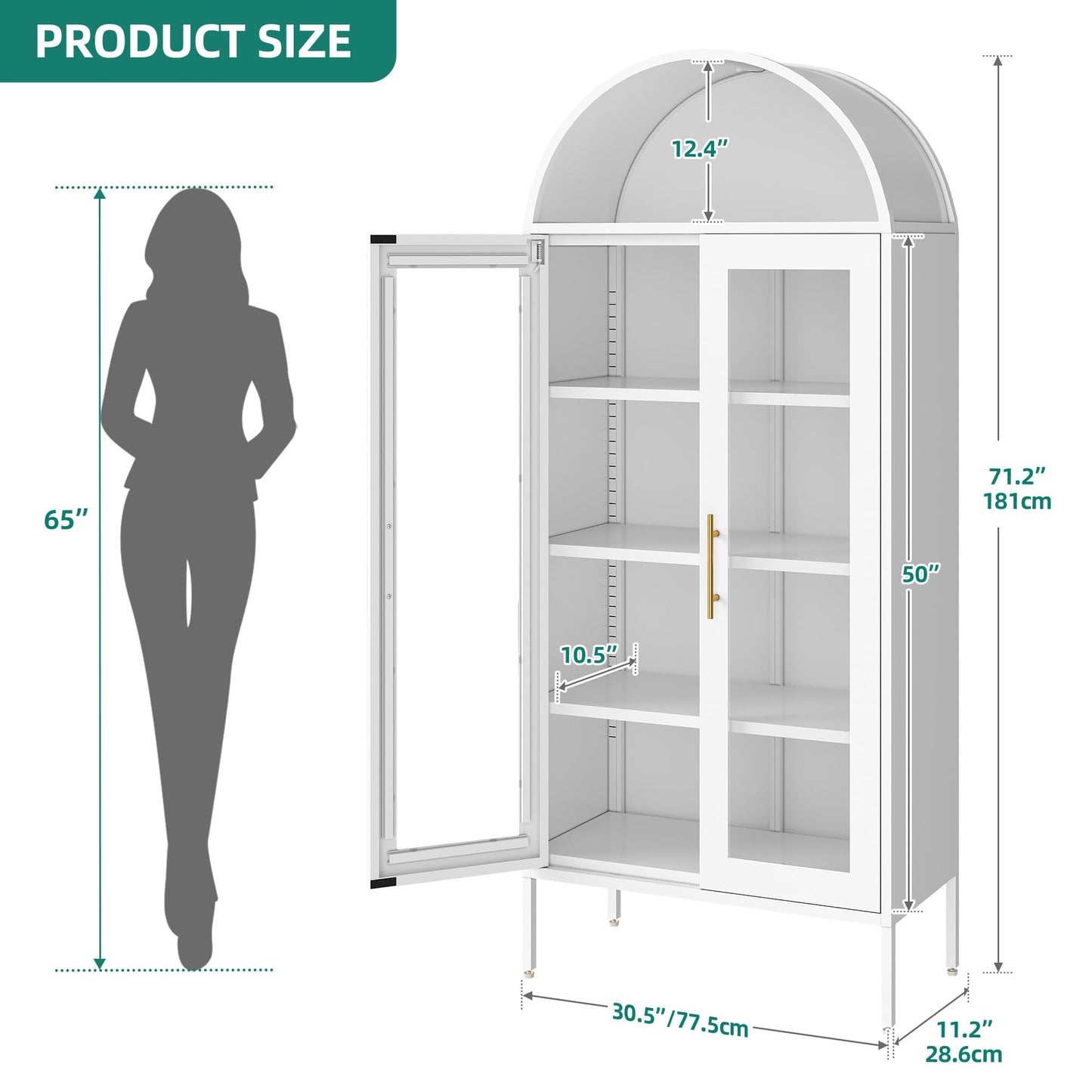 YITAHOME 71" Arched Glass Display Cabinet, Tall Metal Storage Cabinet with Adjustable Shelves and Glass Doors, White
