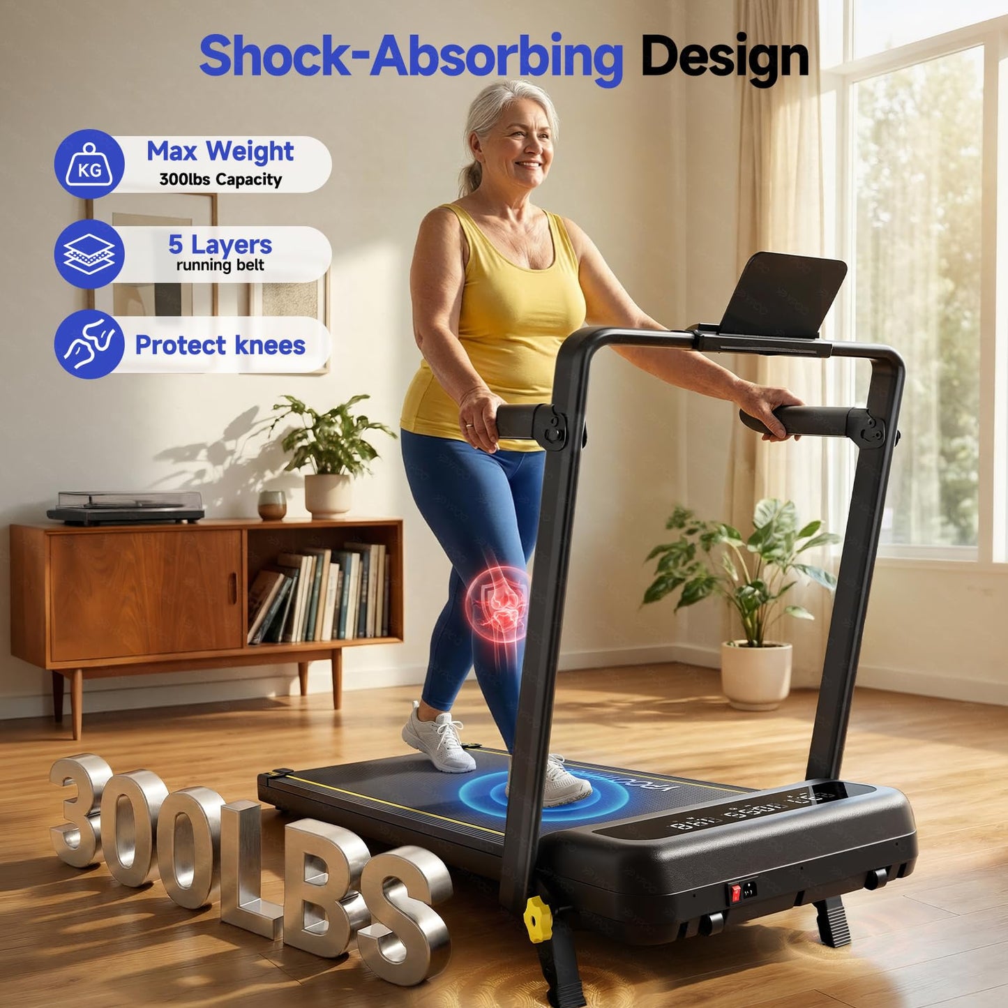 YPOO Foldable Treadmill with Incline, Walking Pad with Handle Bar 3 Level Incline, Portable Folding Treadmills for Home/Office 300 Lbs Capacity, Quiet Desk Treadmill with Remote Control & APP