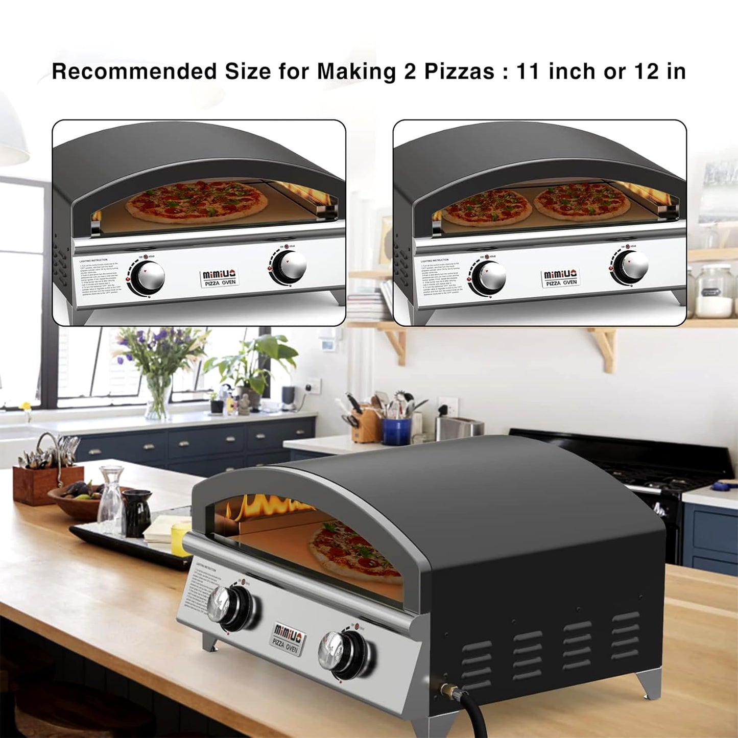 Mimiuo 25 Inch Outdoor Gas Pizza Oven, Portable Propane Pizza Oven with Large Baking Stone - Make 2 Pizzas At Once - Multifunctional Stainless Steel Grilling Stove to Cook Steak Meat Seafood