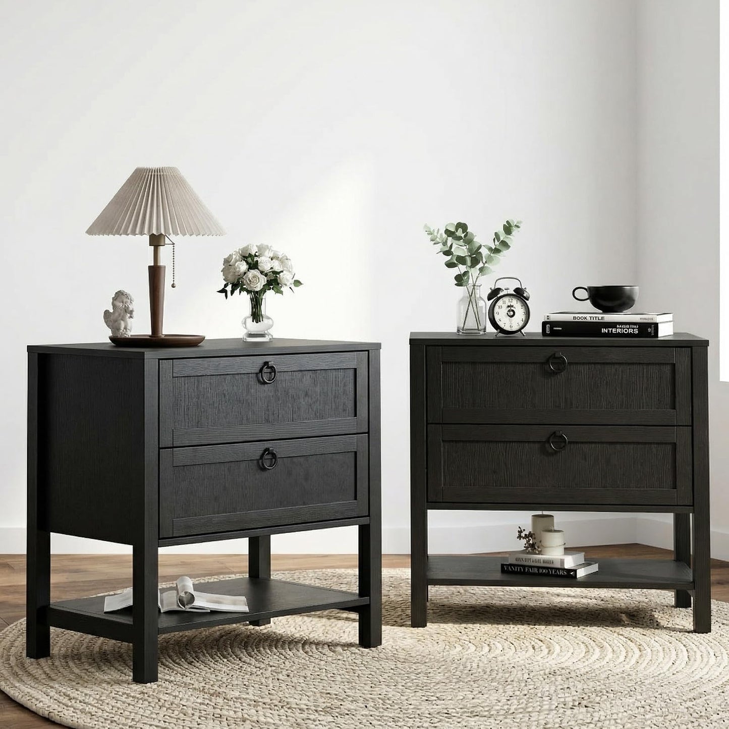 Chyanmoo Nightstand with Charging Station, 2-Drawer Wooden Side Table, Farmhouse Bedside Cabinet with USB Ports & AC Outlets, Solid Wood Grain End Table for Bedroom, Living Room, Office (2 pcs)