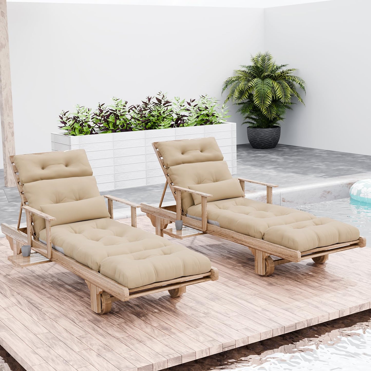 Outdoor Lounge Chair Cushions Set of 2 with Pillow, Olefin Waterproof and Fade Resistant Patio Pool Chaise Lounge Cushions Replacement for Indoor Furniture with Ties, 81 x 27 x 4.5 Inches, Beige