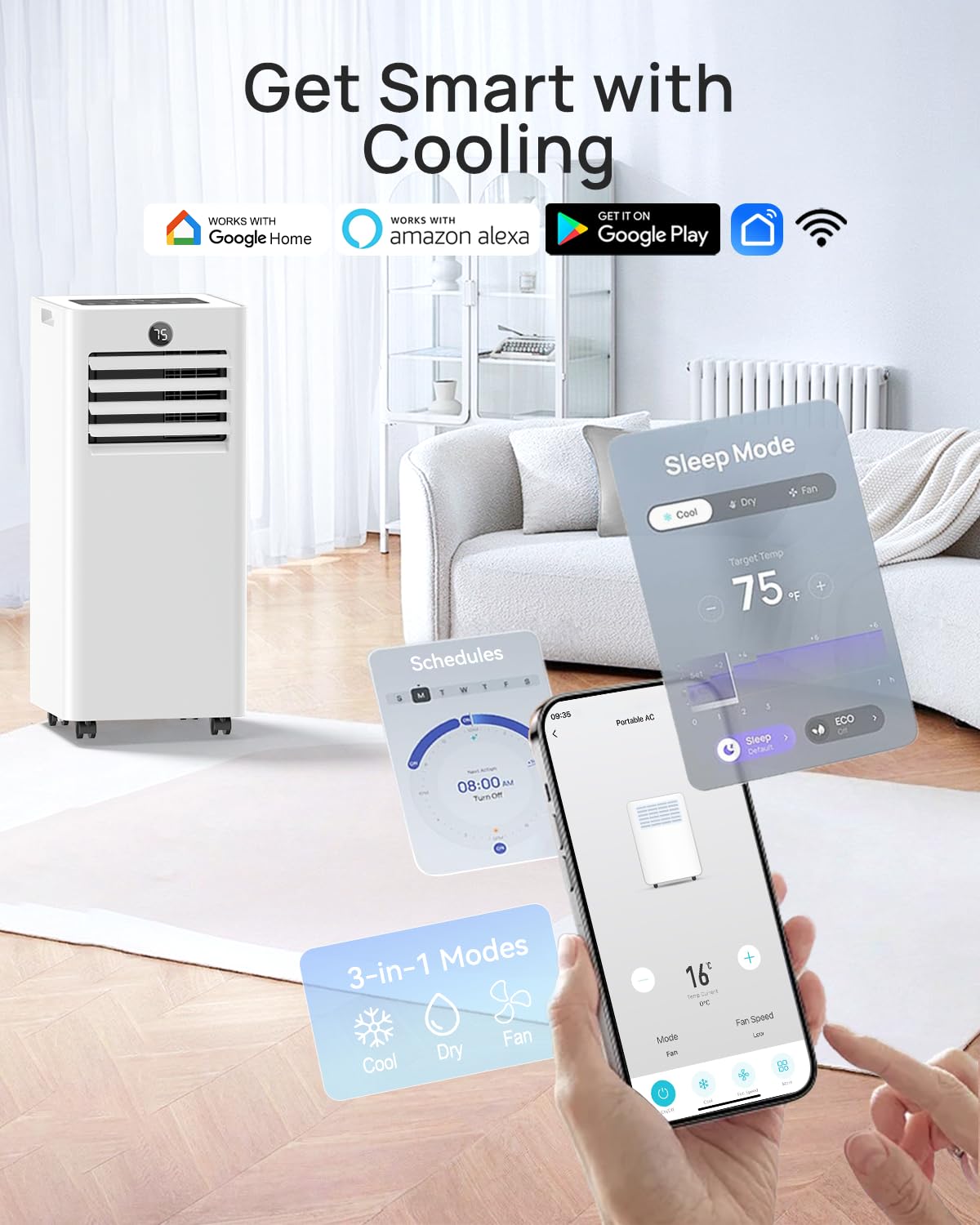 16000 Btu Portable Air Conditioners with WiFi APP, 5-in-1 Portable AC Unit for Large Room up to 850 Sq.Ft with Fast Cooling, Dehumidifier, Fan, Quiet 36dB Sleep Mode, Window Kit for Home, Office