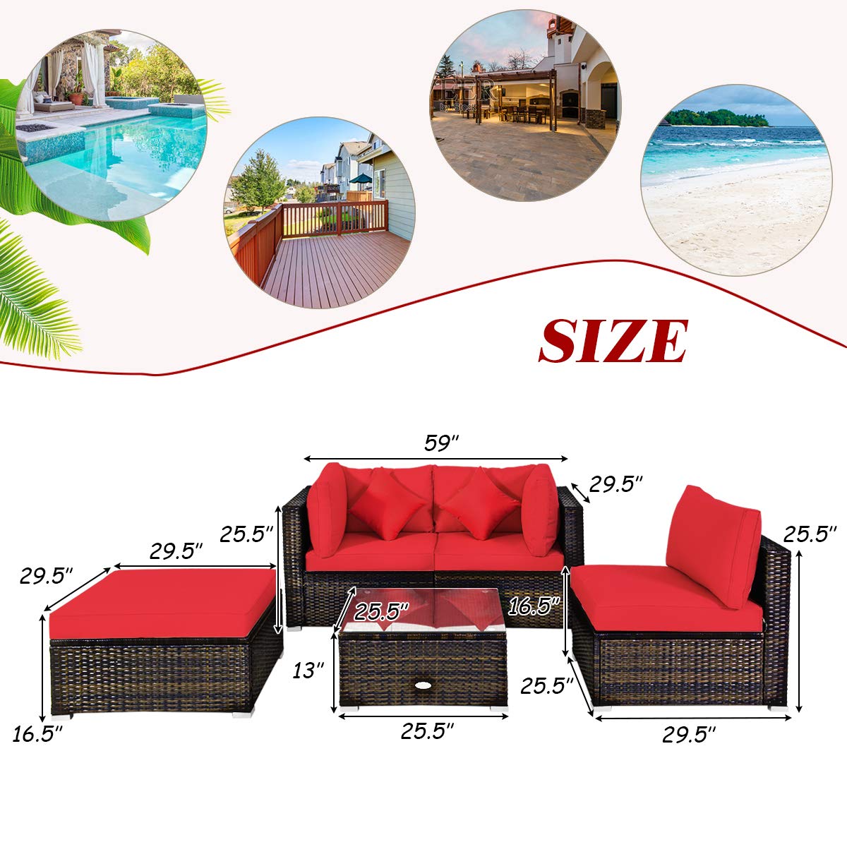 Tangkula 5 Pieces Patio Rattan Furniture Set, Outdoor Sectional Rattan Sofa Set with Back & Seat Cushions, Wicker Conversation Set with Tempered Glass Table for Backyard Porch Poolside (Red)