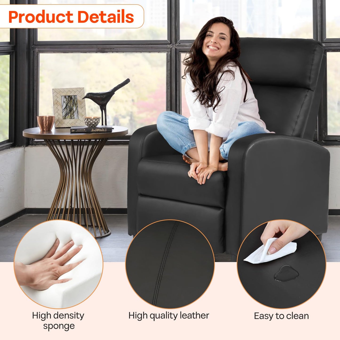 FDW Recliner Sofa Massage Chair Home Theater Seating with Lumbar Support and Padded Backrest for Living Room and Bedroom (Leather, Black)