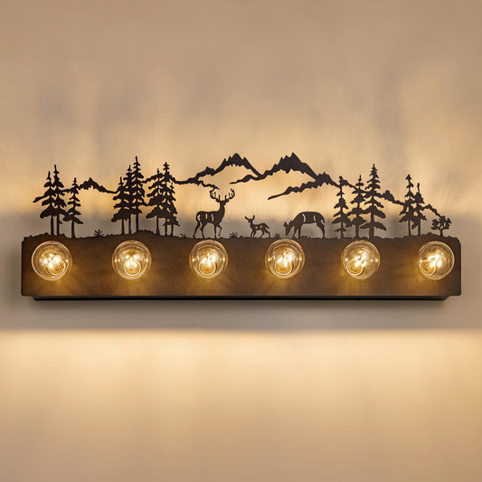 TOCHIC Rustic Bathroom Vanity Light, 6-Light Black Vintage Farmhouse Bathroom Light Fixtures over Mirror for Makeup Shaving, Dimmable Western Deer Wall Sconce for Powder Room, Cabinets, Bedroom, 36" L