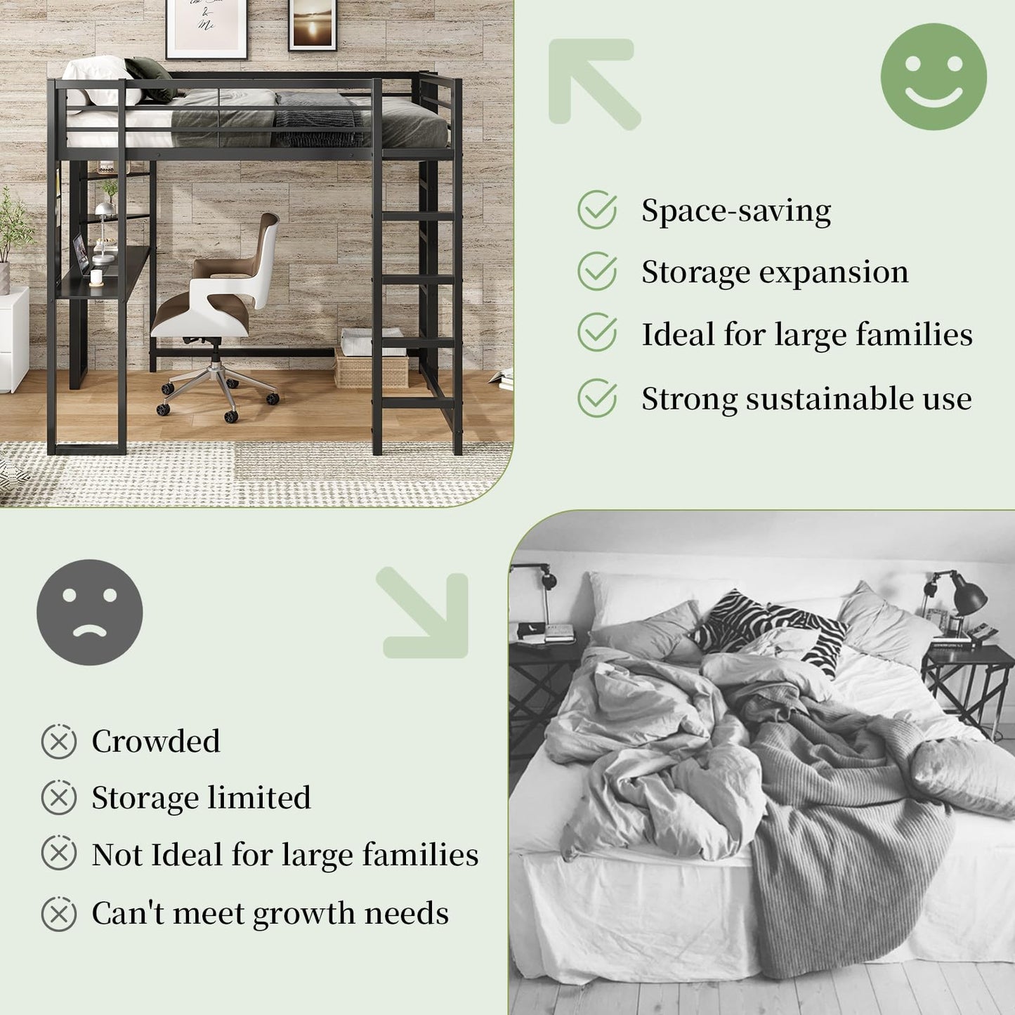 Full Size Metal Loft Bed with Desk and Storage Shelves, Black Loft Bed Frame for Teens Boys Girls, Space-Saving High Loft Bed with 13.8" Safety Guardrail & 350 lbs Capacity, No Box Spring Needed