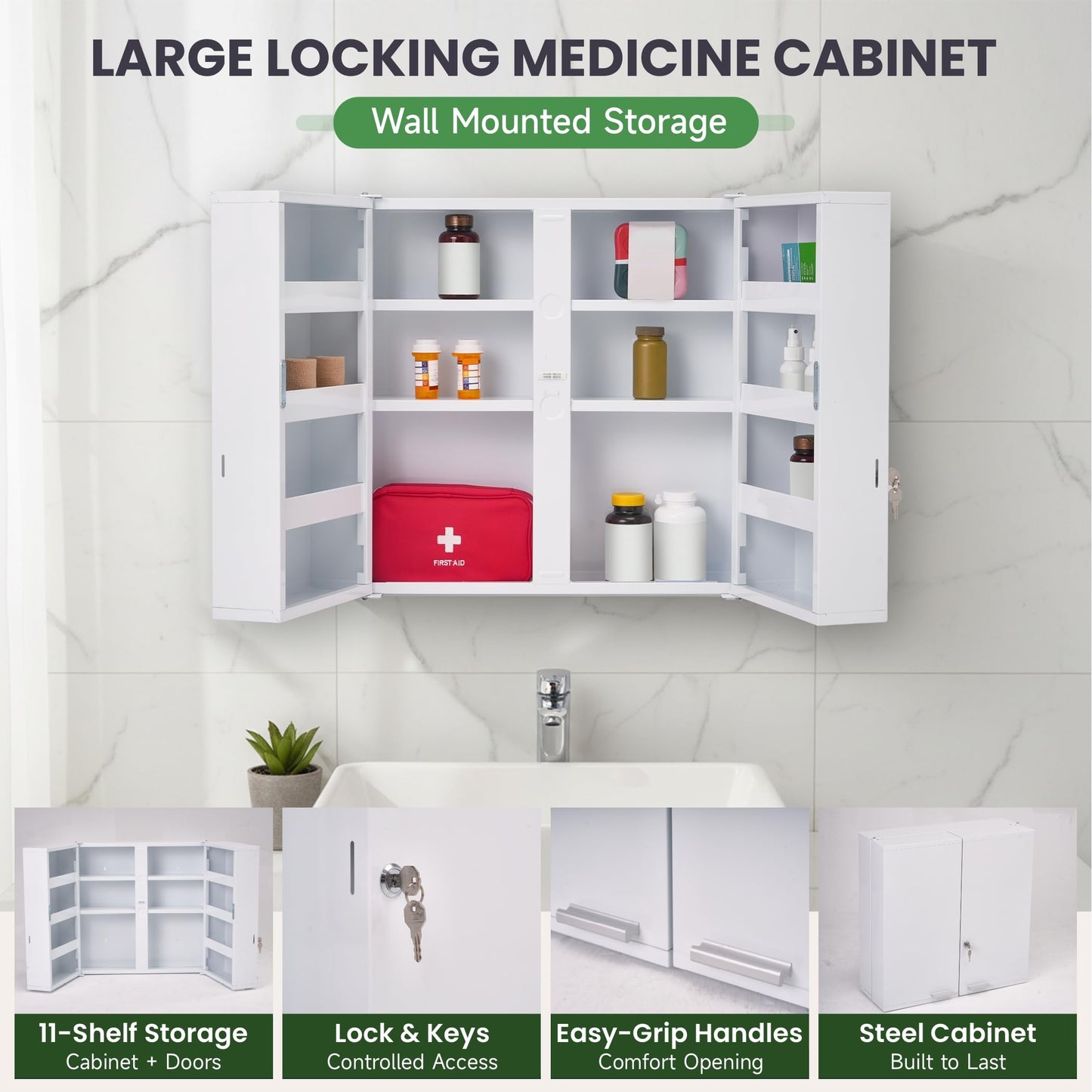 Mount Brook Large Locking Medicine Cabinet Wall Mounted - Metal Medical Cabinet with 11 Shelves - Medicine Cabinet with Lock and Keys for Safe Medication Storage