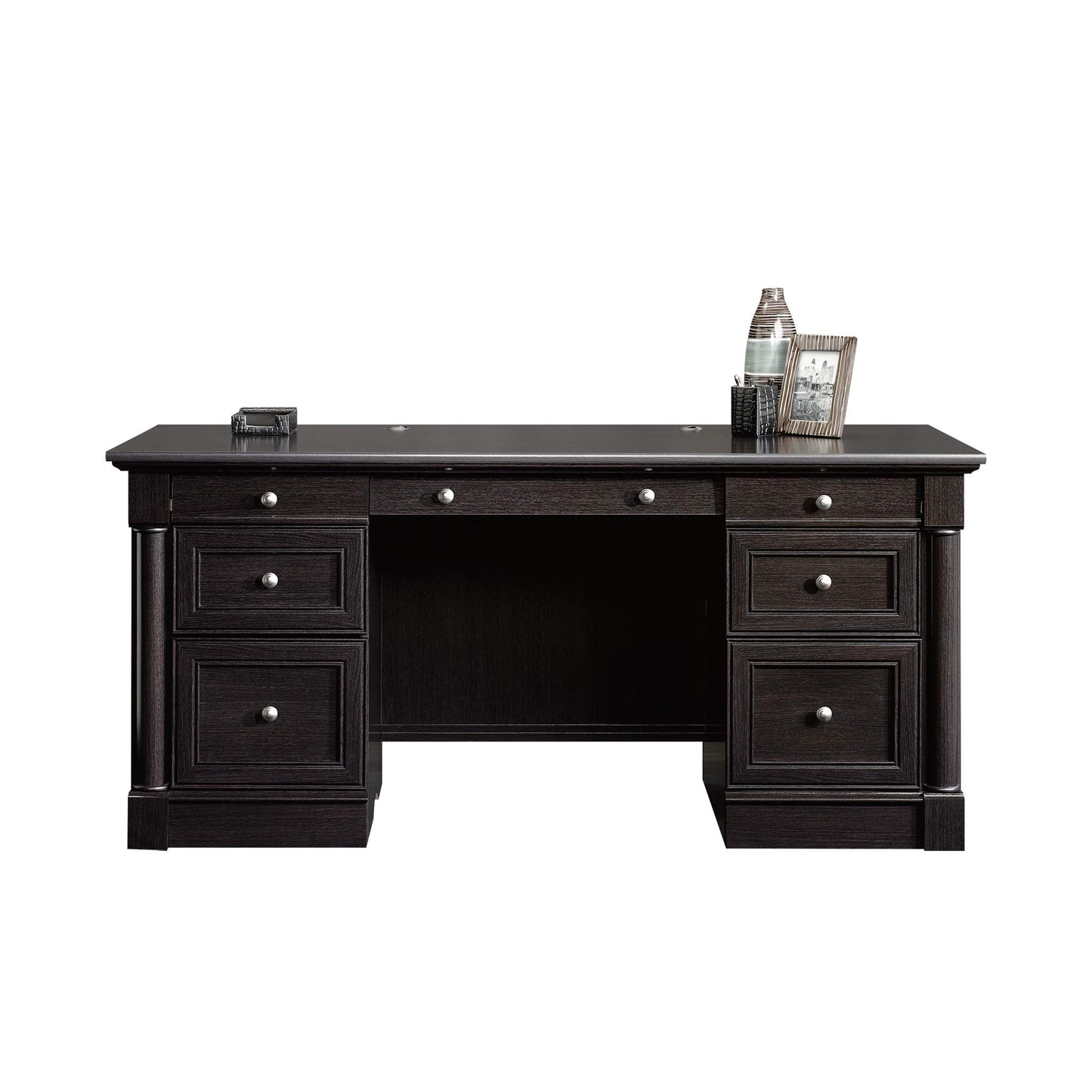 Sauder Palladia Office Desk with Drawers, Executive Desk with File Cabinet Storage, Cable Management, Keyboard Tray, in Wind Oak Finish