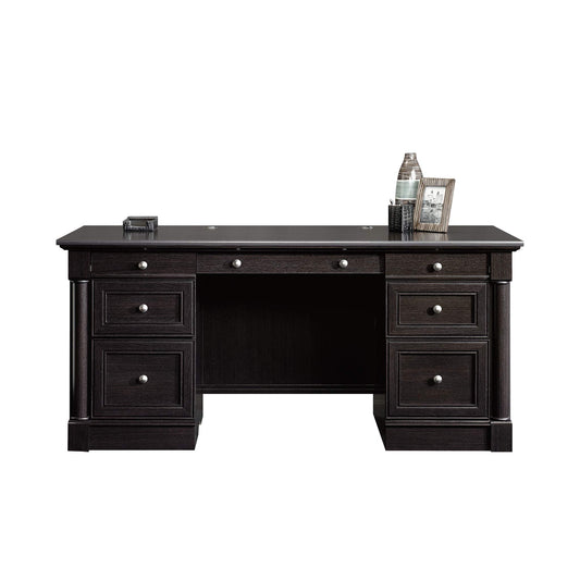 Sauder Palladia Office Desk with Drawers, Executive Desk with File Cabinet Storage, Cable Management, Keyboard Tray, in Wind Oak Finish