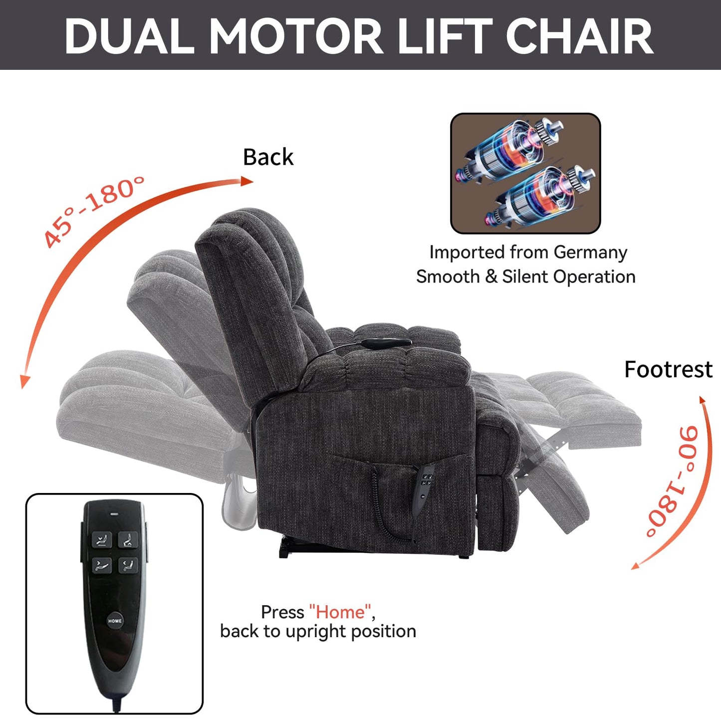 GDFStudio Dual Motor Power Lift Recliner Chair with Massage and Lumbar Heat, Heavy Duty Electric Reclining Chair with Remote Control, Supports Up to 350 LBS, Grey