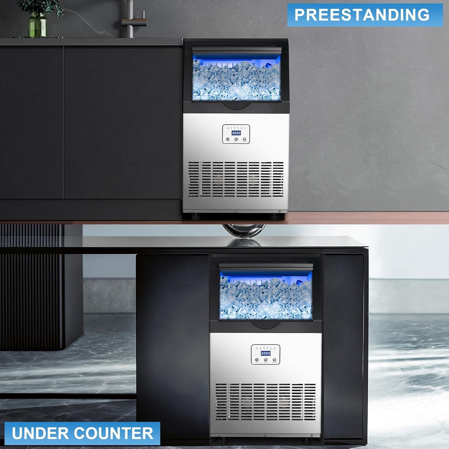 Zomagas 90LBS/24H Commercial Ice Maker Machine, Undercounter or Freestanding Stainless Steel Ice Machine with 25LBS Storage, 32 Cubes/Cycle, Self-Cleaning & Quiet Operation for Home, Bar, Restaurant