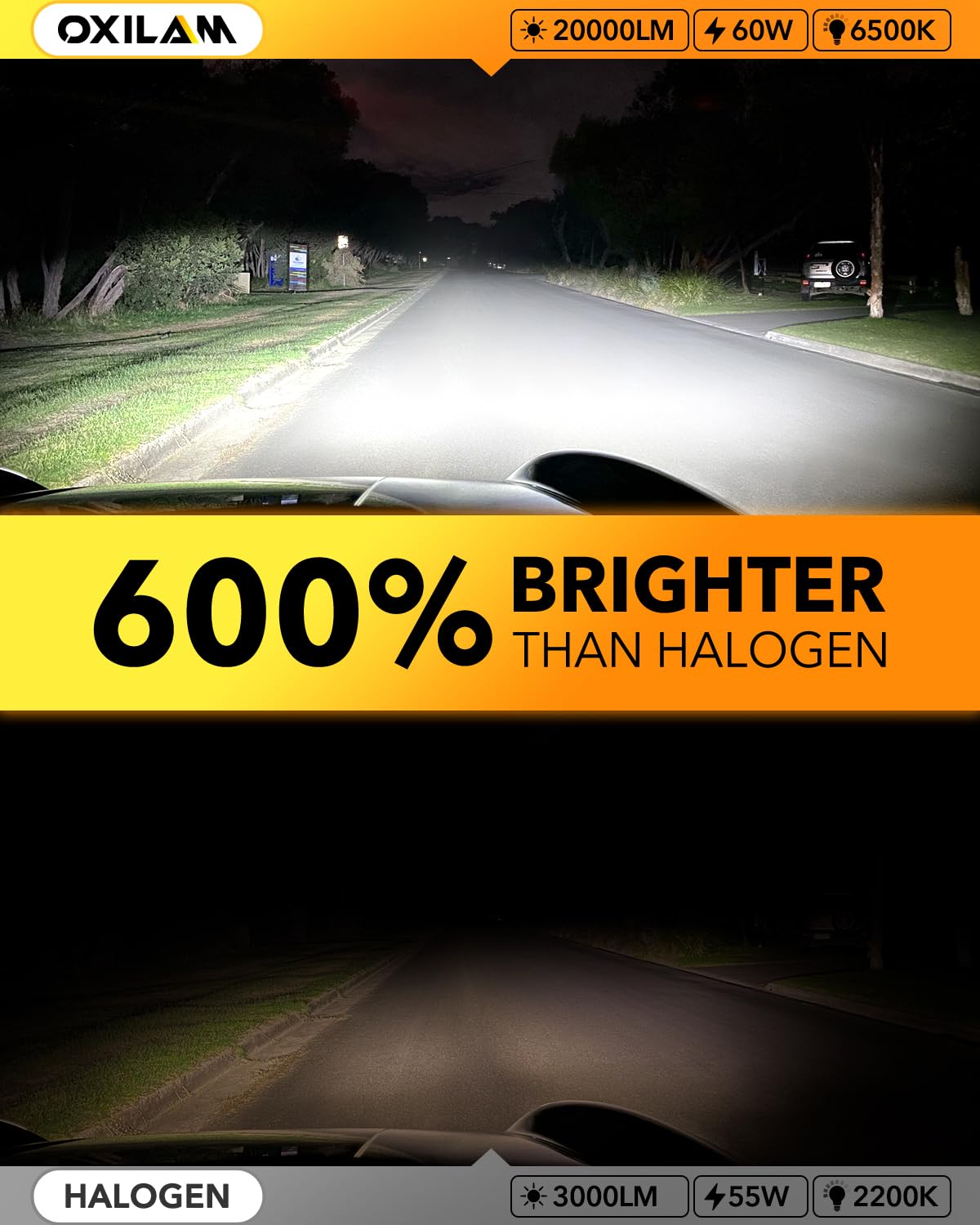 OXILAM Q36 9007/HB5 Fog Light Bulbs, 20000LM, 6000K Cool White, Plug and Play, IP68, Pack of 2