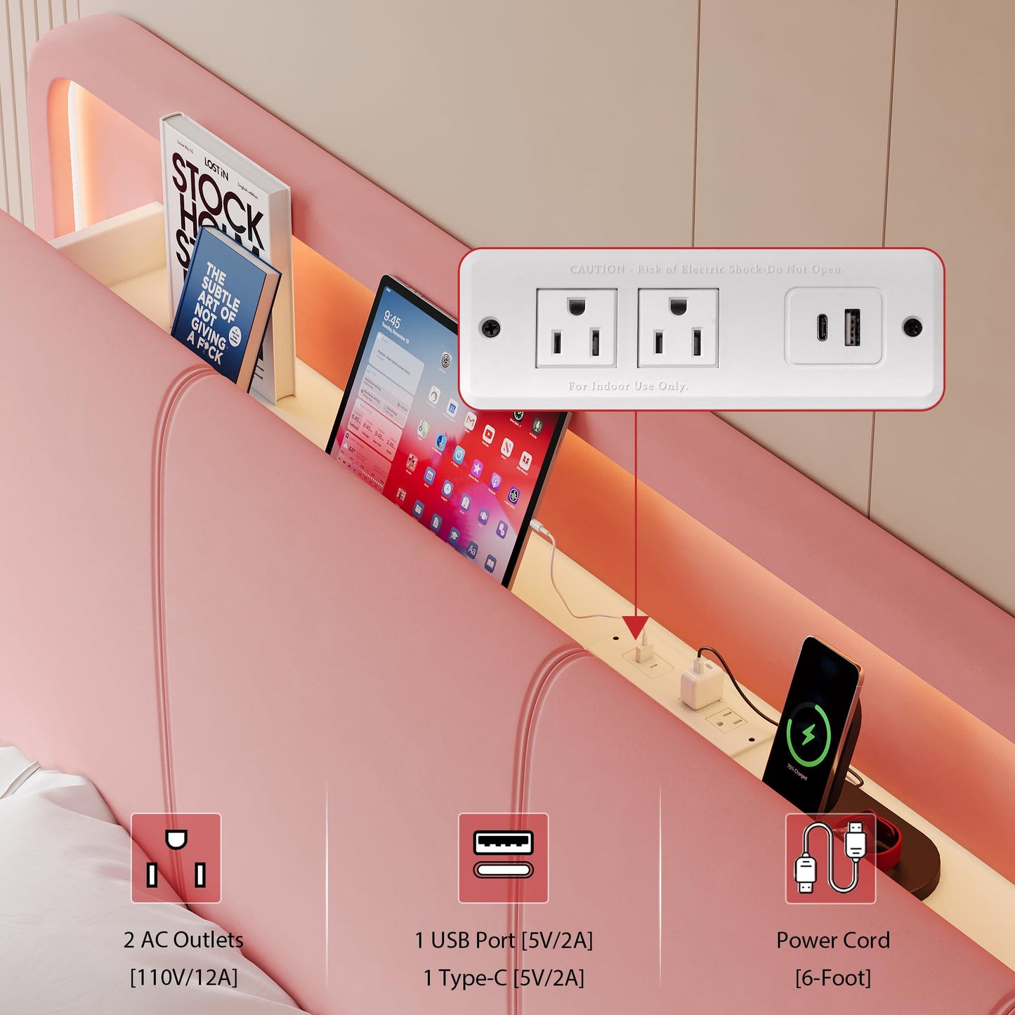 Feonase Full Upholstered Bed Frame with Headboard and 2 Storage Drawers, Built-in Charging Station, Velvet Platform LED Bed with Solid Wood Slat Support, No Box Spring Needed, Pink
