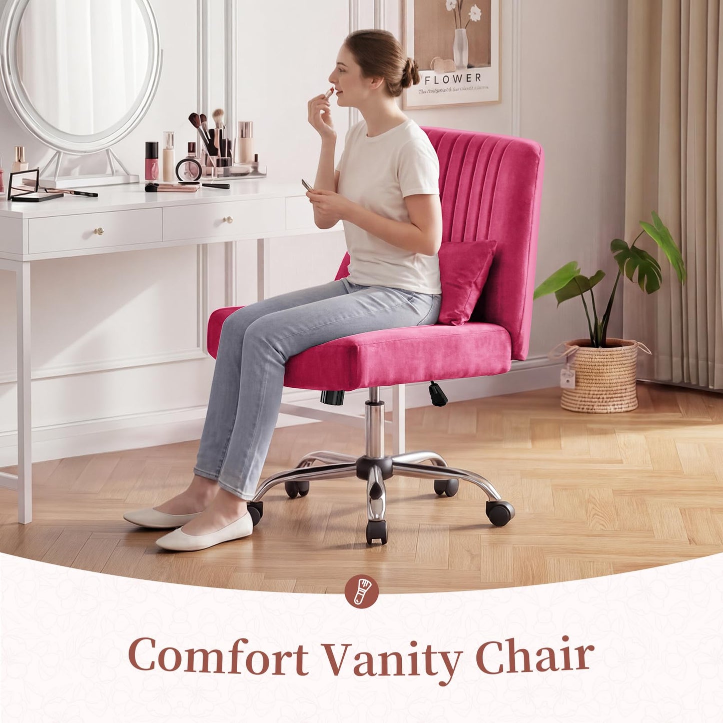 Warmiehomy Criss Cross Office Chair with Wheels, Velvet Cross Legged Desk Chairs for Home, Height Adjustable Swivel Wide Seat Computer Chair, Modern Vanity Chair for Women, Hot Pink