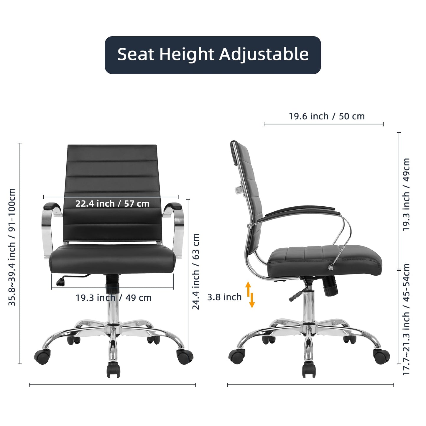 LANDSUN Home Office Chair Mid Back Desk Chair PU Leather Ribbed Executive Swivel Computer Chair with Wheels and Armrests Soft Padded Adjustable Height Conference Task Black