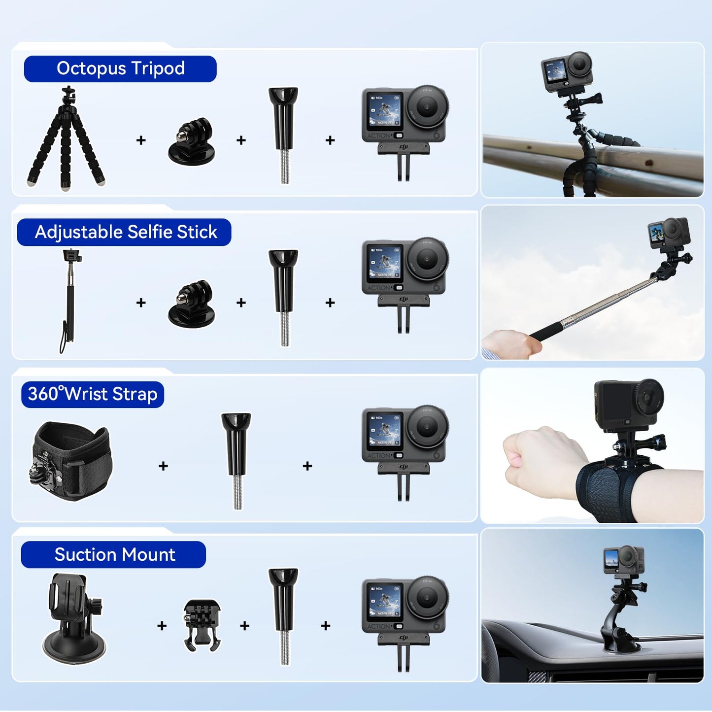 DJI Osmo Action 6 8K Waterproof Action Camera Bundle, 1/1.1" Square Sensor, Variable Aperture of f/2.0–f/4.0, 50GB Built-In Storage, Original Essential Combo + 58 Piece Accessory Kit + Extra 64GB Card