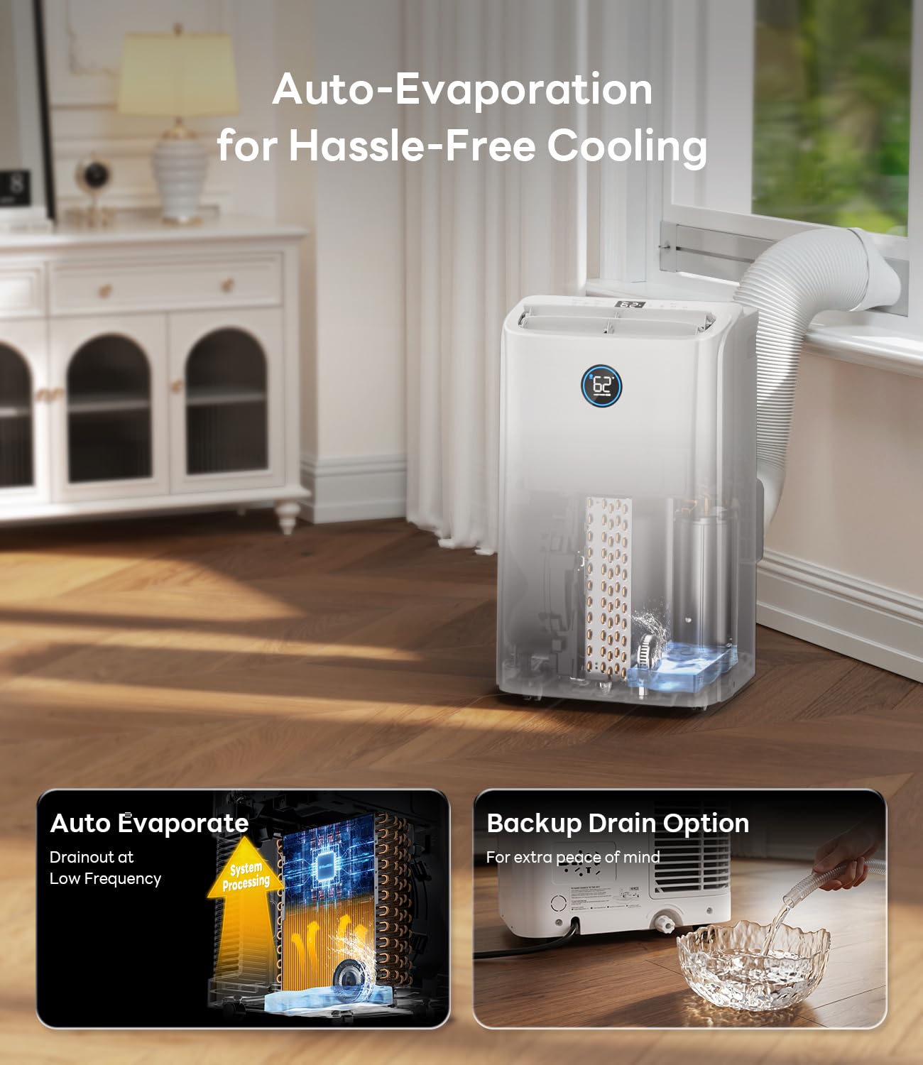 GrowthWing 14,000 BTU Smart WiFi Portable Air Conditioner, Cools up to 700 Sq.Ft, Auto-Evaporation, 3-in-1 Modes, Voice & Remote Control, Quiet Operation, White