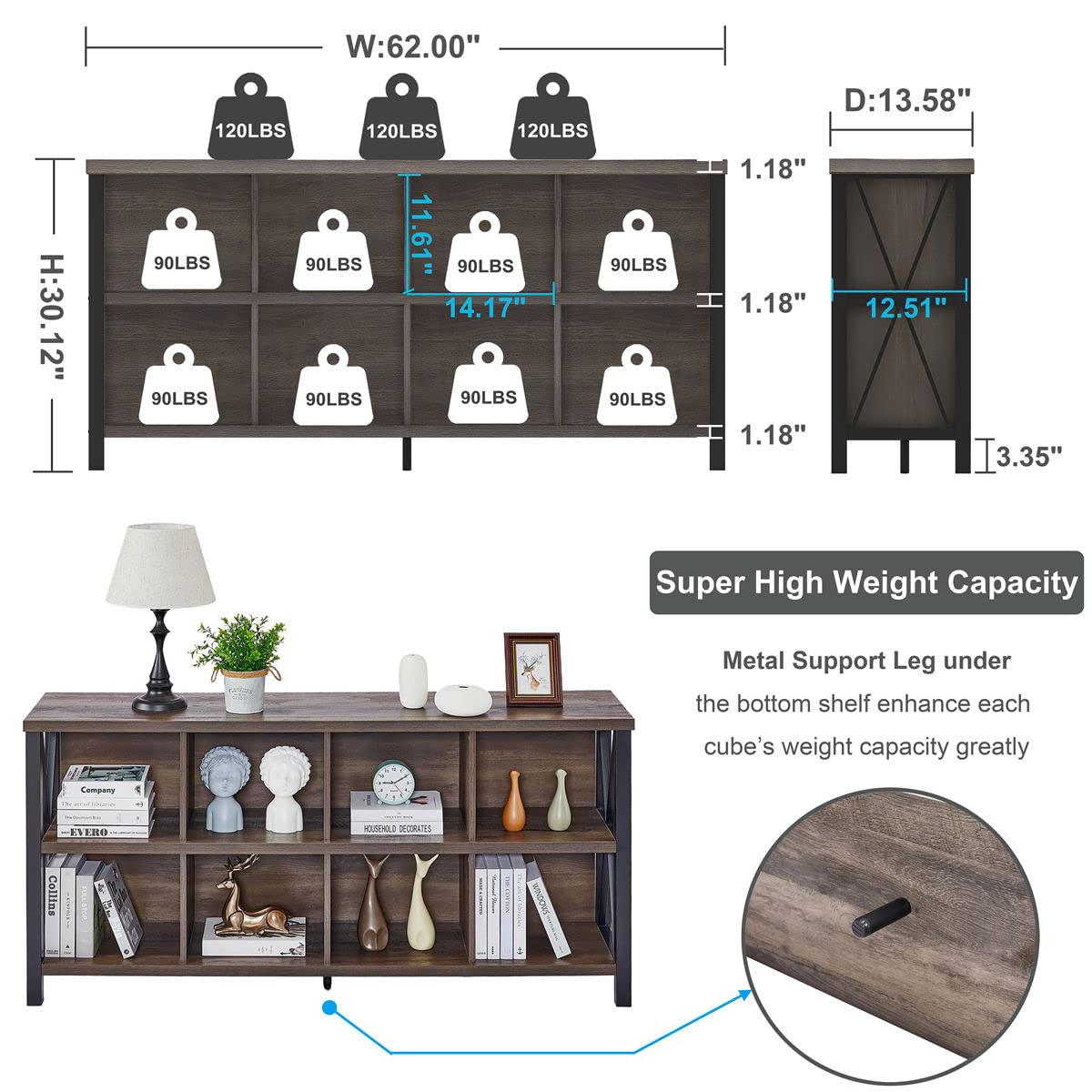 FATORRI 8 Cube Storage Organizer Bookshelf, 62 Inch Rustic Wood Horizontal Bookcase, Industrial Cube Long Book Shelf for Living Room, Home Office (Walnut Brown)