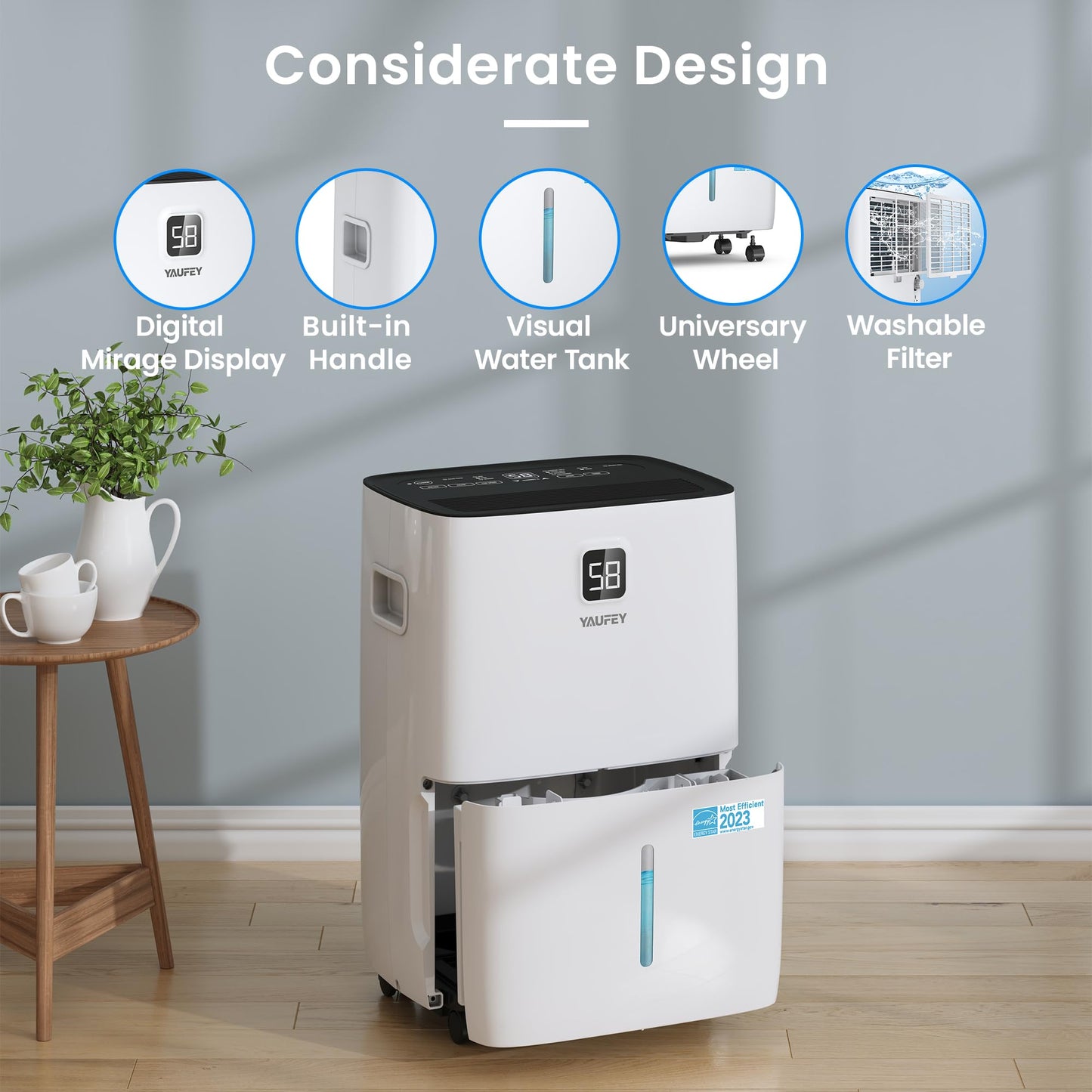 Yaufey 6000 Sq. Ft. Energy Star Certified Dehumidifier, Max 120 Pints Dehumidifier for Basement with Drain Hose, Smart Compressor with Intelligent Humidity Control, Dehumidifiers for Home Bedroom